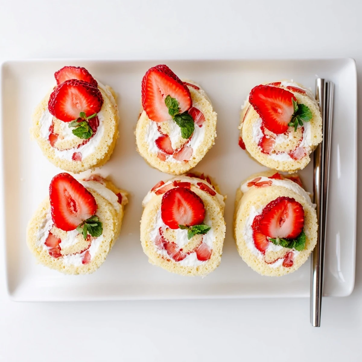 Playful fusion dessert showing sushi-style vanilla cake rolls topped with fresh strawberry slices and mint garnish