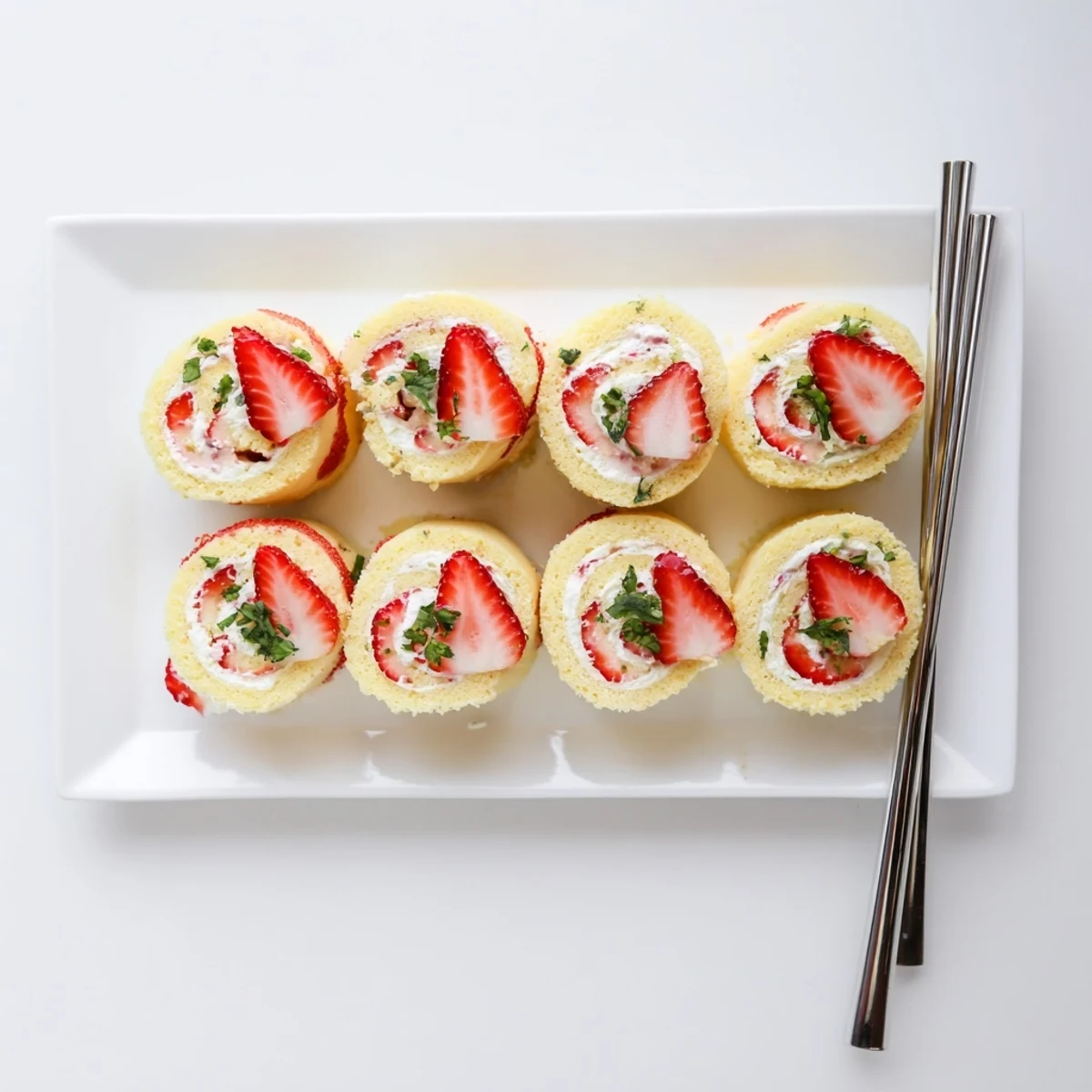 Dessert sushi presentation of rolled vanilla cake filled with sweet diced strawberries and fluffy white cream