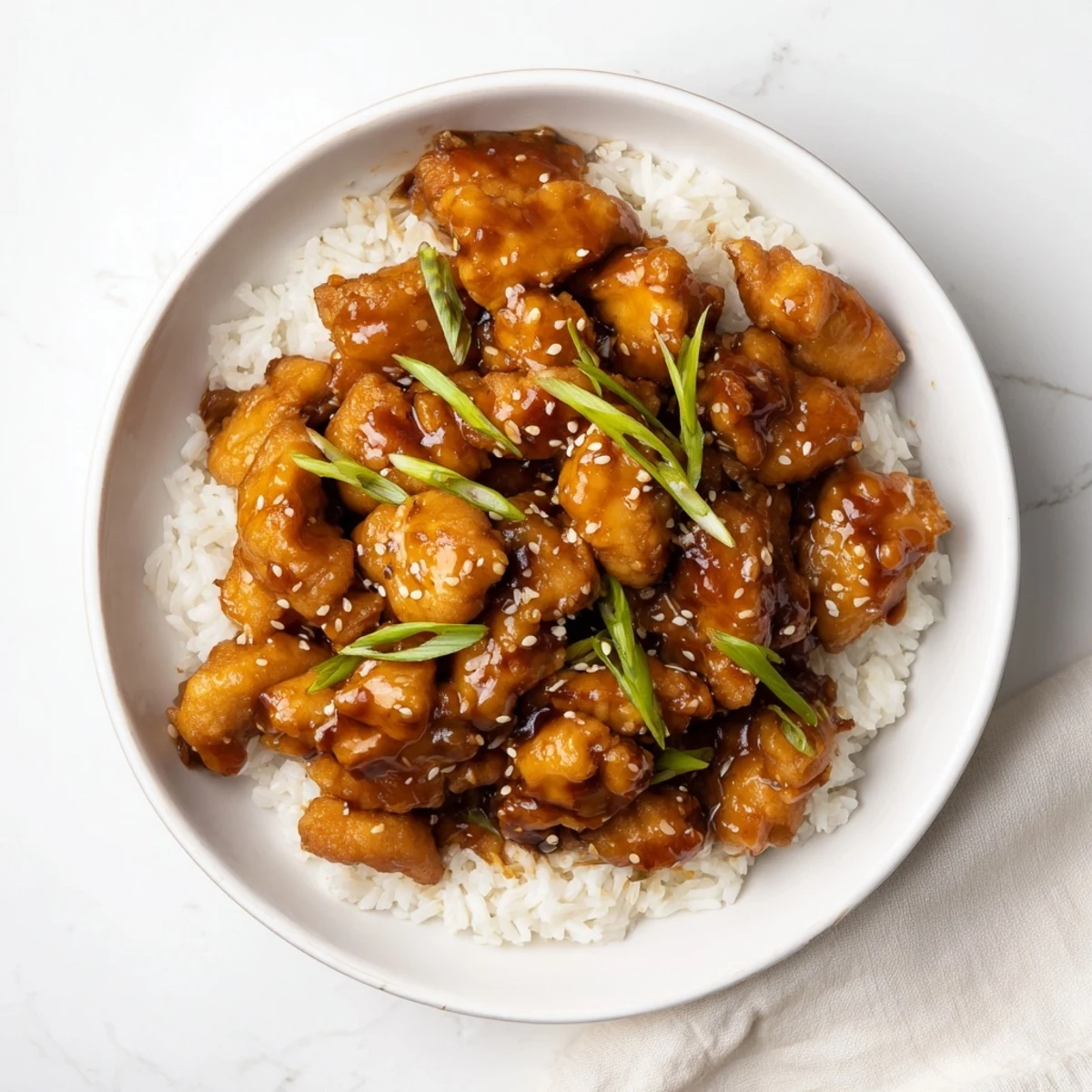 Golden brown Mongolian chicken pieces coated in a thick sweet and savory soy ginger glaze