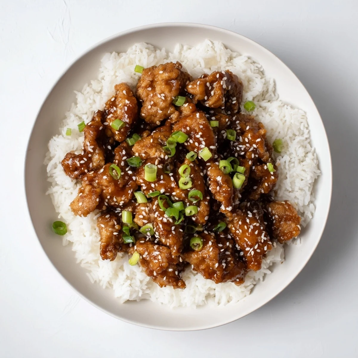 Crispy chicken thighs tossed in rich brown sugar garlic sauce garnished with green onions and sesame seeds