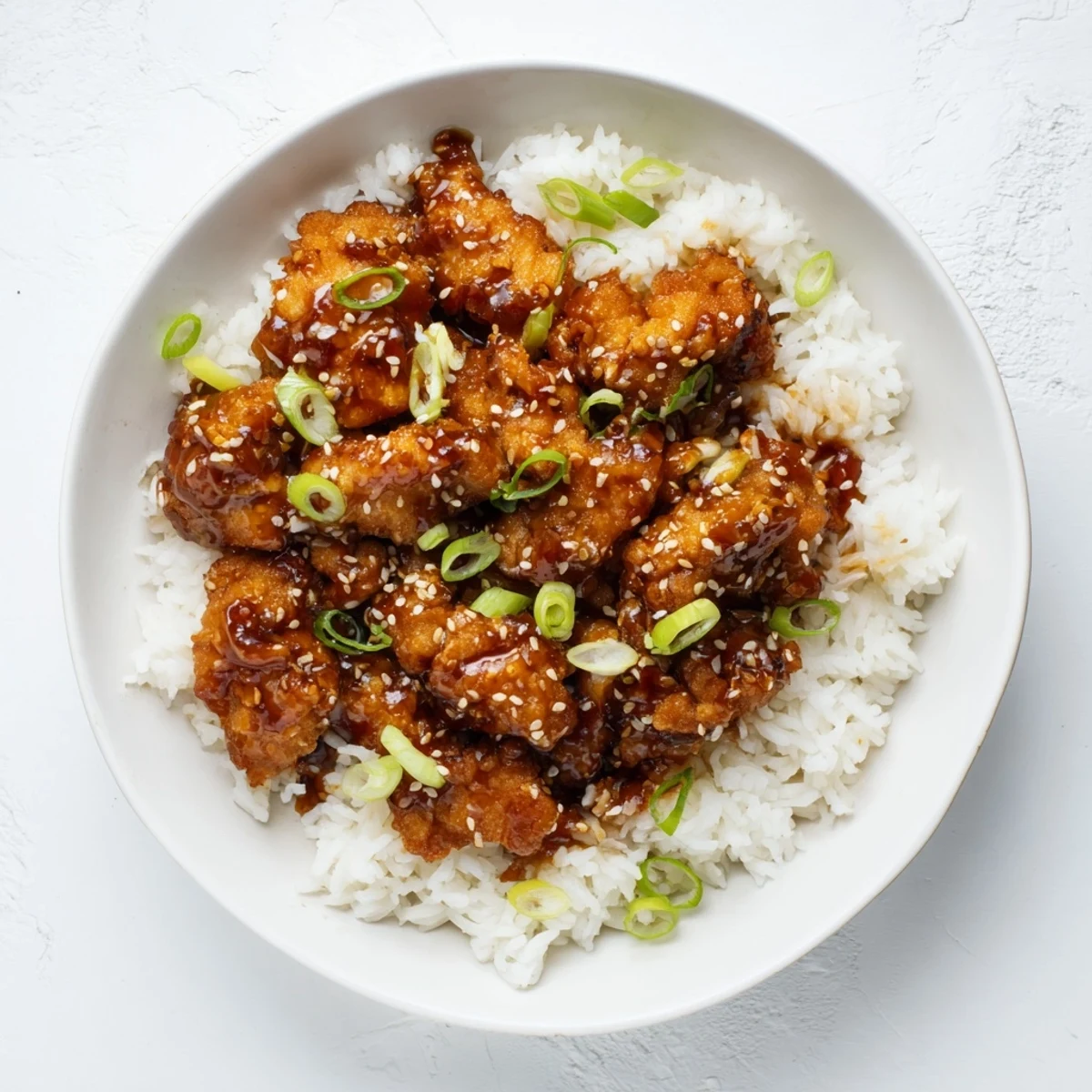 Steaming plate of sweet savory Mongolian chicken served over fluffy white rice with scallions