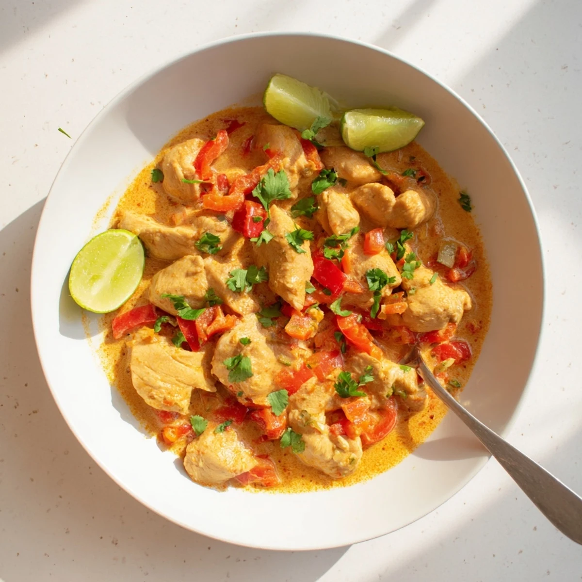 Golden chicken thighs simmered in rich creamy coconut sauce with colorful bell peppers