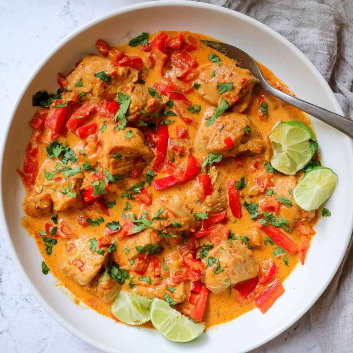 Savory chicken pieces braised in aromatic coconut milk sauce with diced tomatoes and peppers