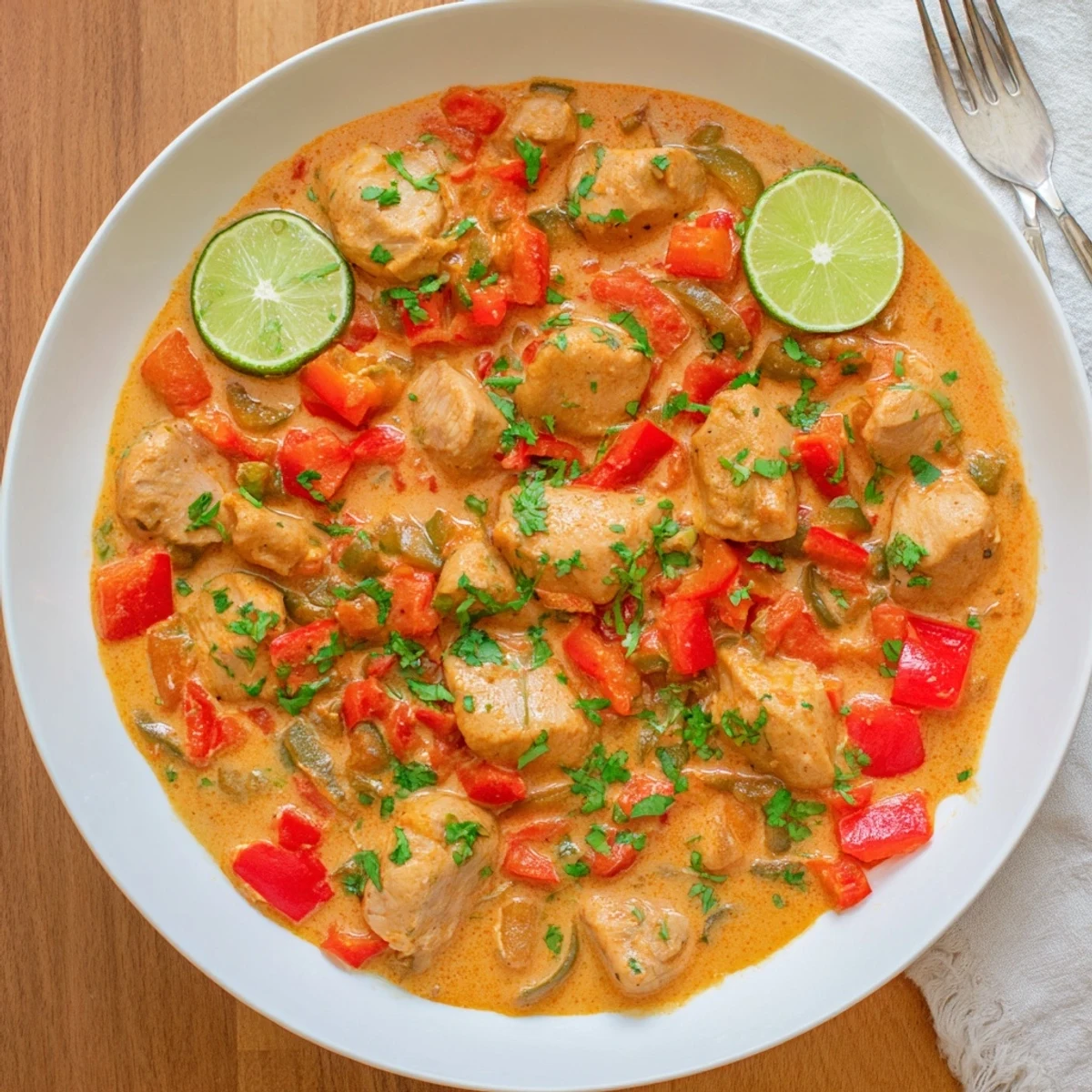 Spicy Brazilian coconut chicken served over fluffy white rice with fresh cilantro garnish