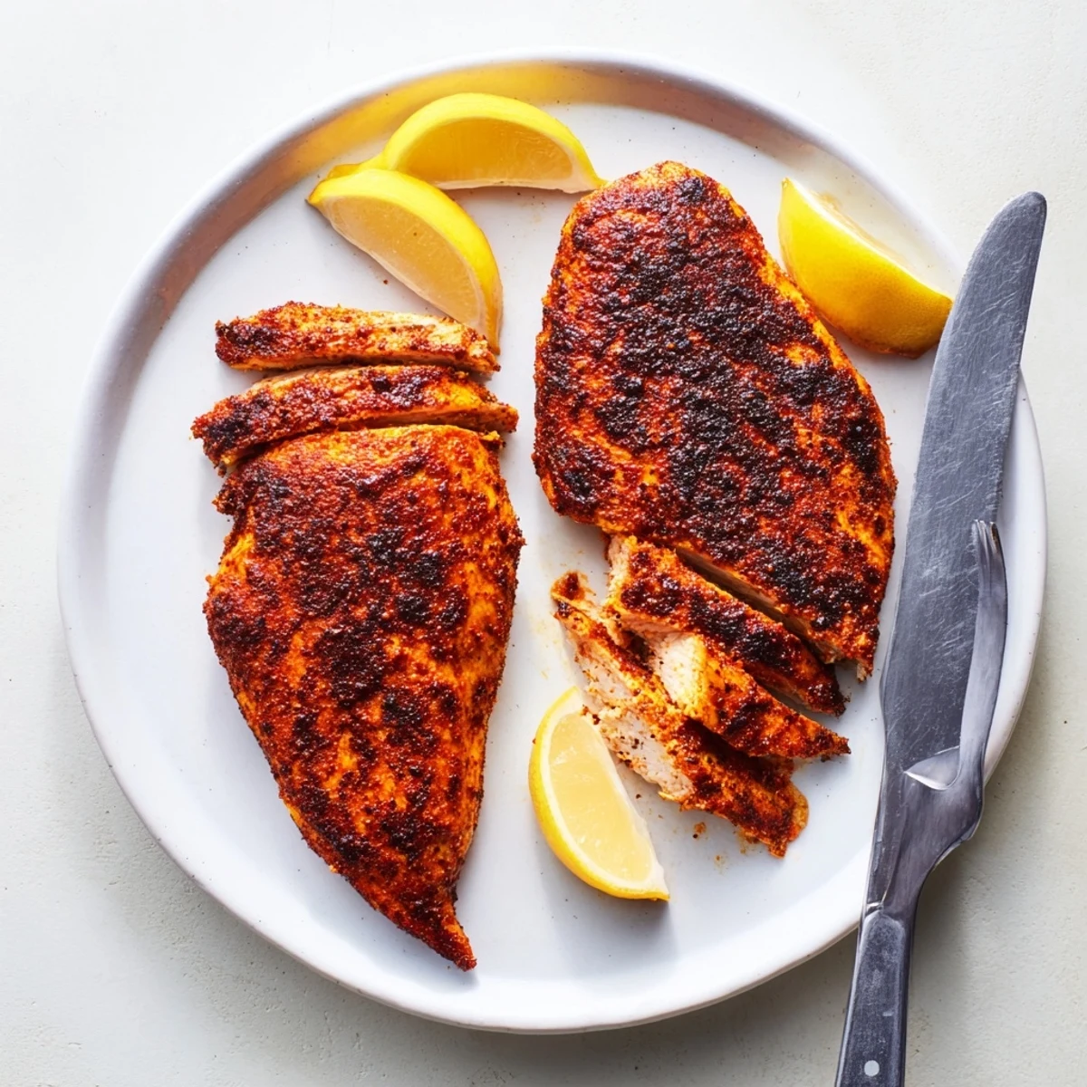 Golden blackened chicken breasts with dark spicy crust seared in a cast iron skillet