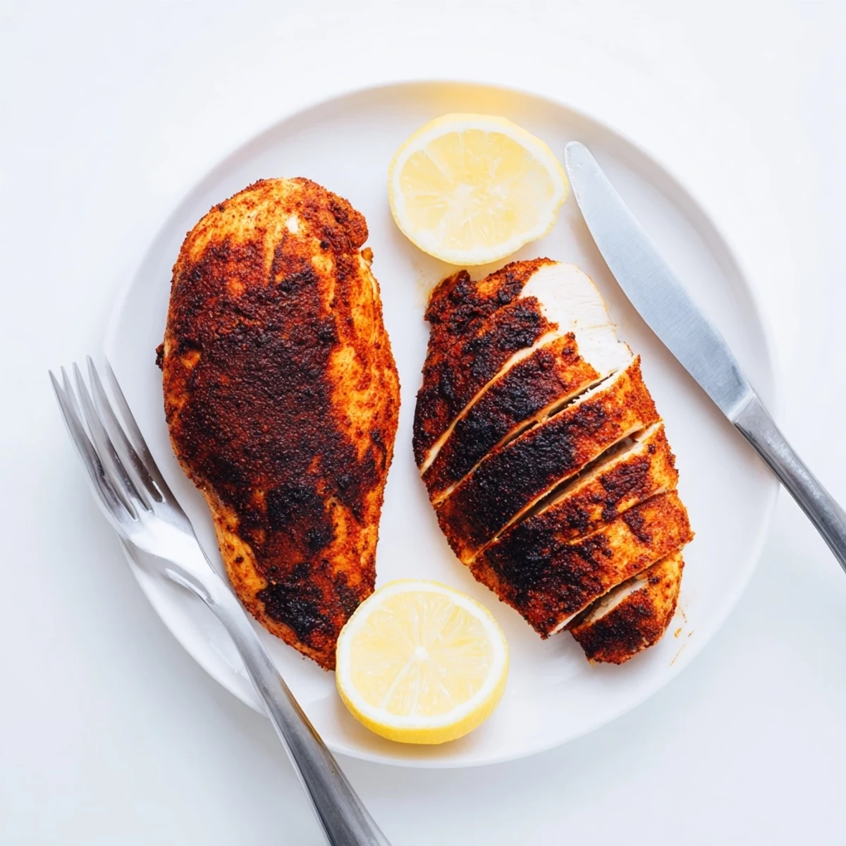 Sliced blackened chicken plated with fresh lemon wedges showing crispy seasoned exterior