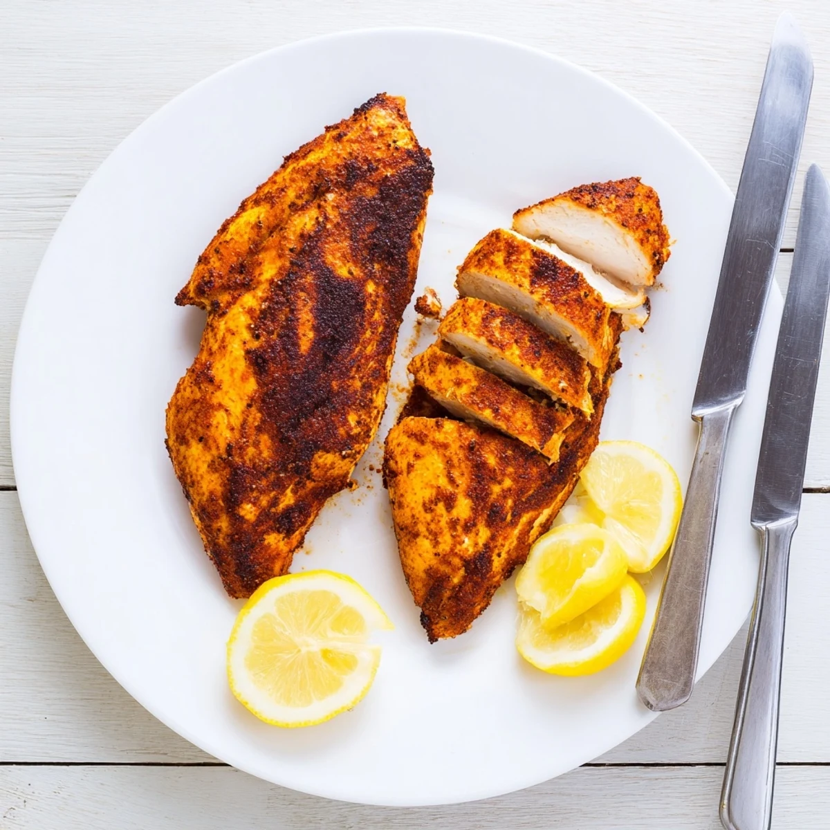 Juicy Cajun-spiced chicken fillets with smoky charred exterior and tender white meat inside