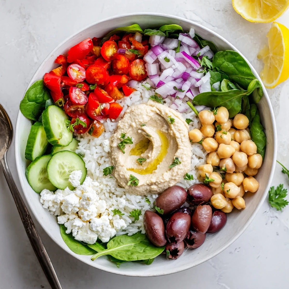 Colorful Mediterranean rice bowl topped with fresh vegetables, chickpeas, feta, and drizzled with lemon-tahini dressing