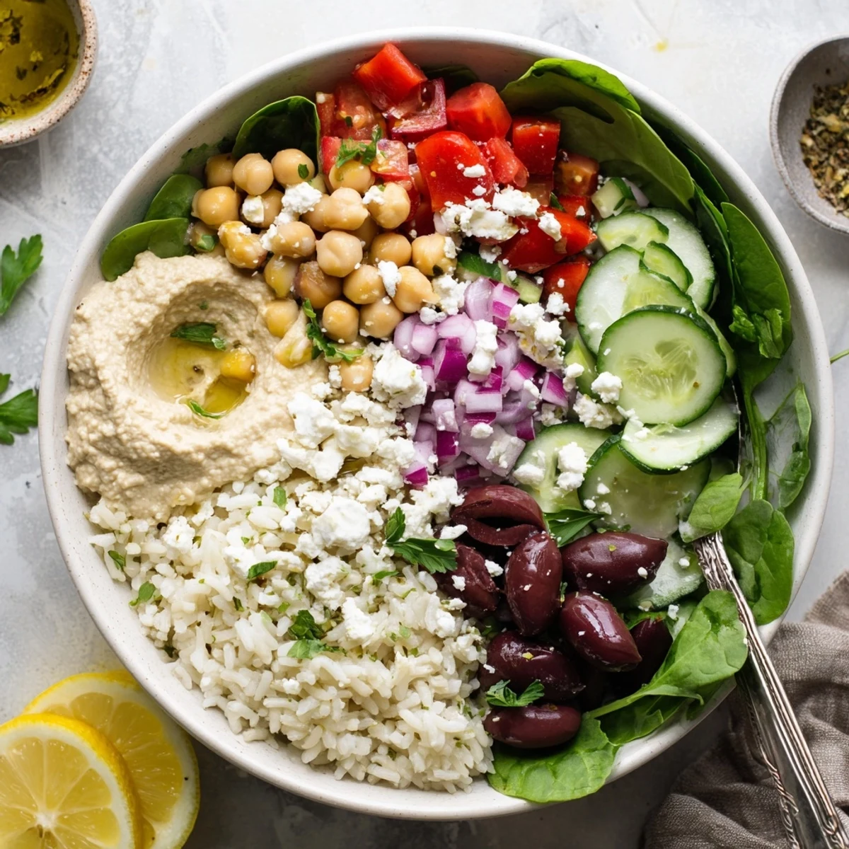 Vibrant vegetarian Mediterranean rice bowl featuring crisp veggies, olives, hummus, and creamy tahini dressing on fluffy rice