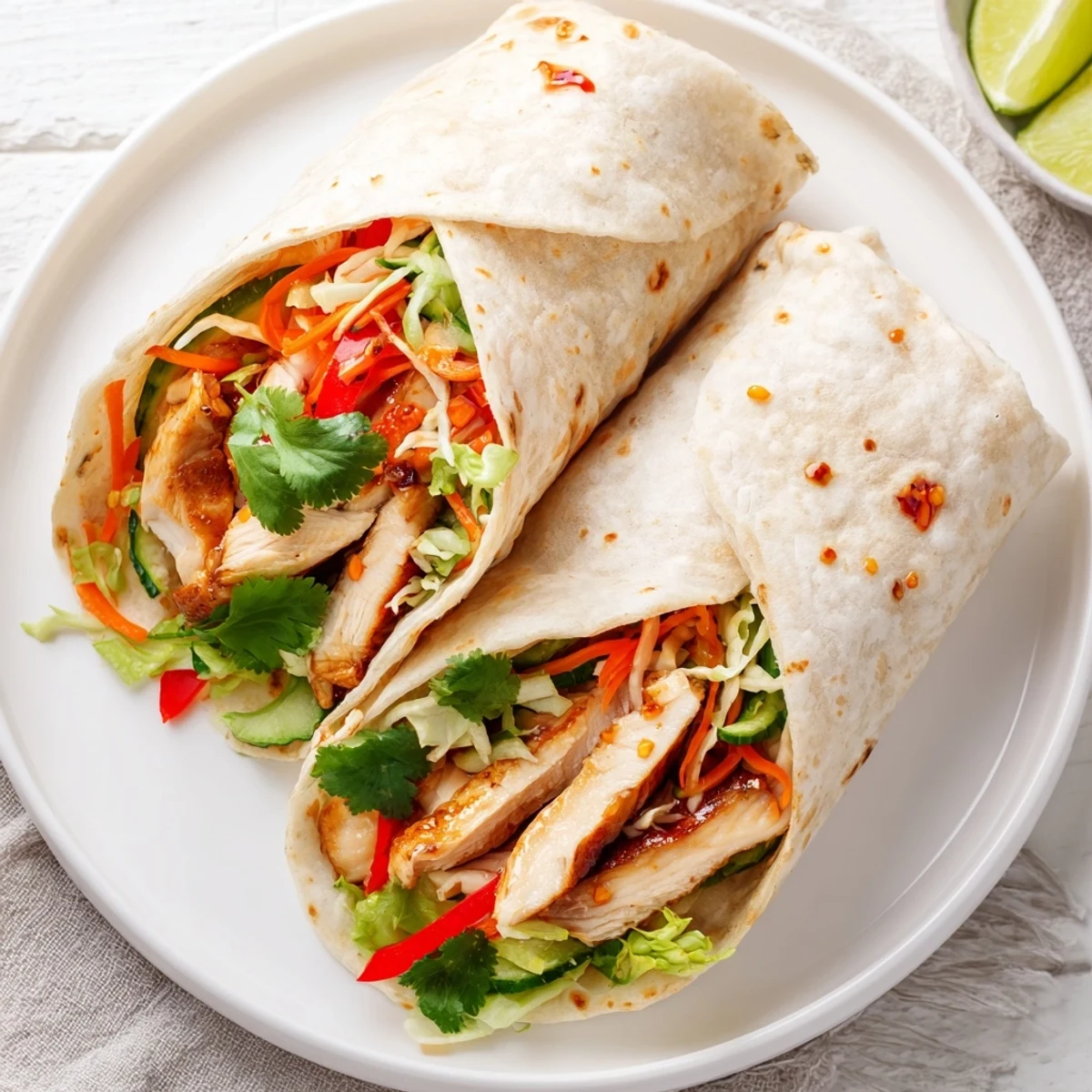 Golden sweet chili chicken wraps stuffed with crisp vegetables and wrapped in soft flour tortillas