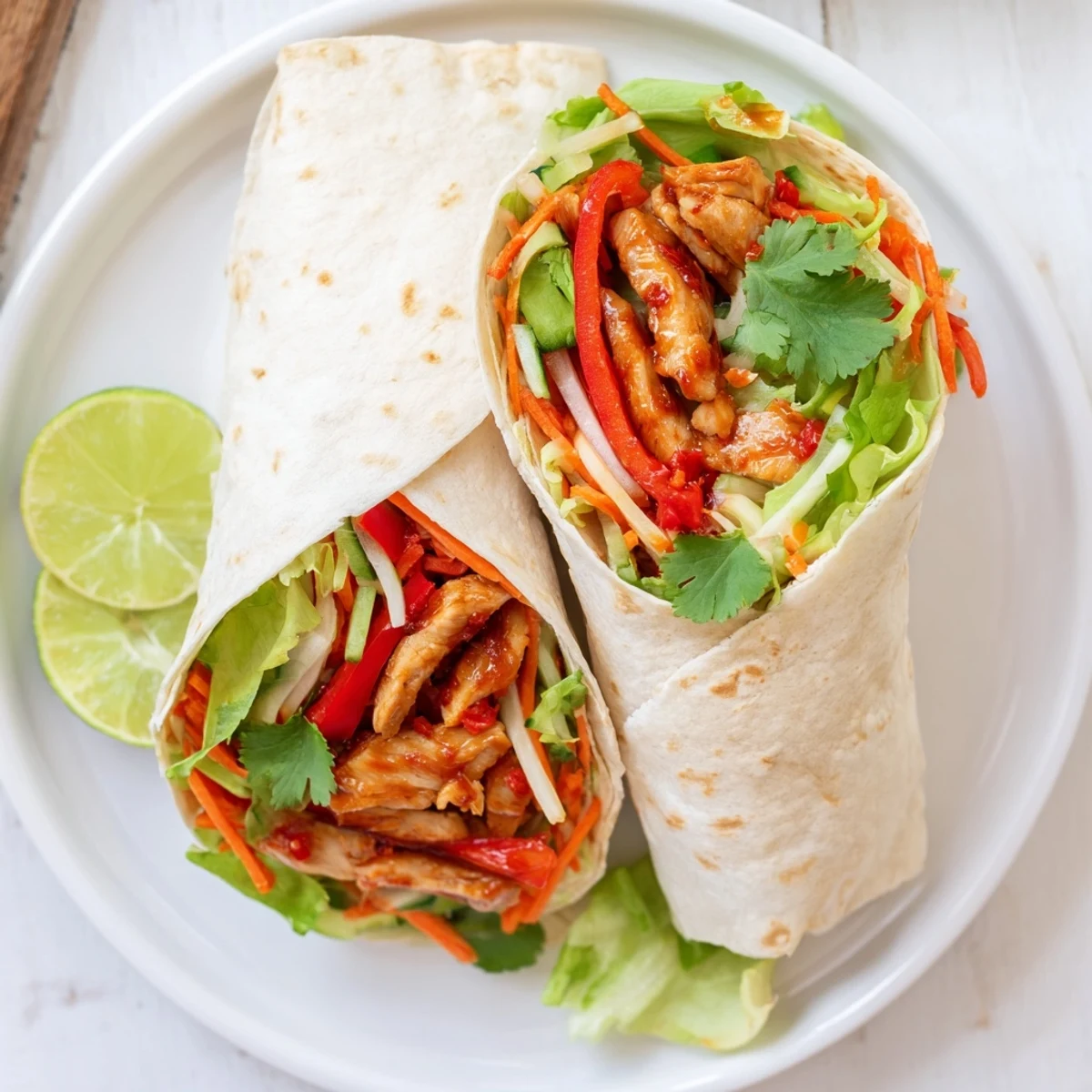 Close-up of sweet chili chicken wraps drizzled with tangy sauce and lime wedges on side