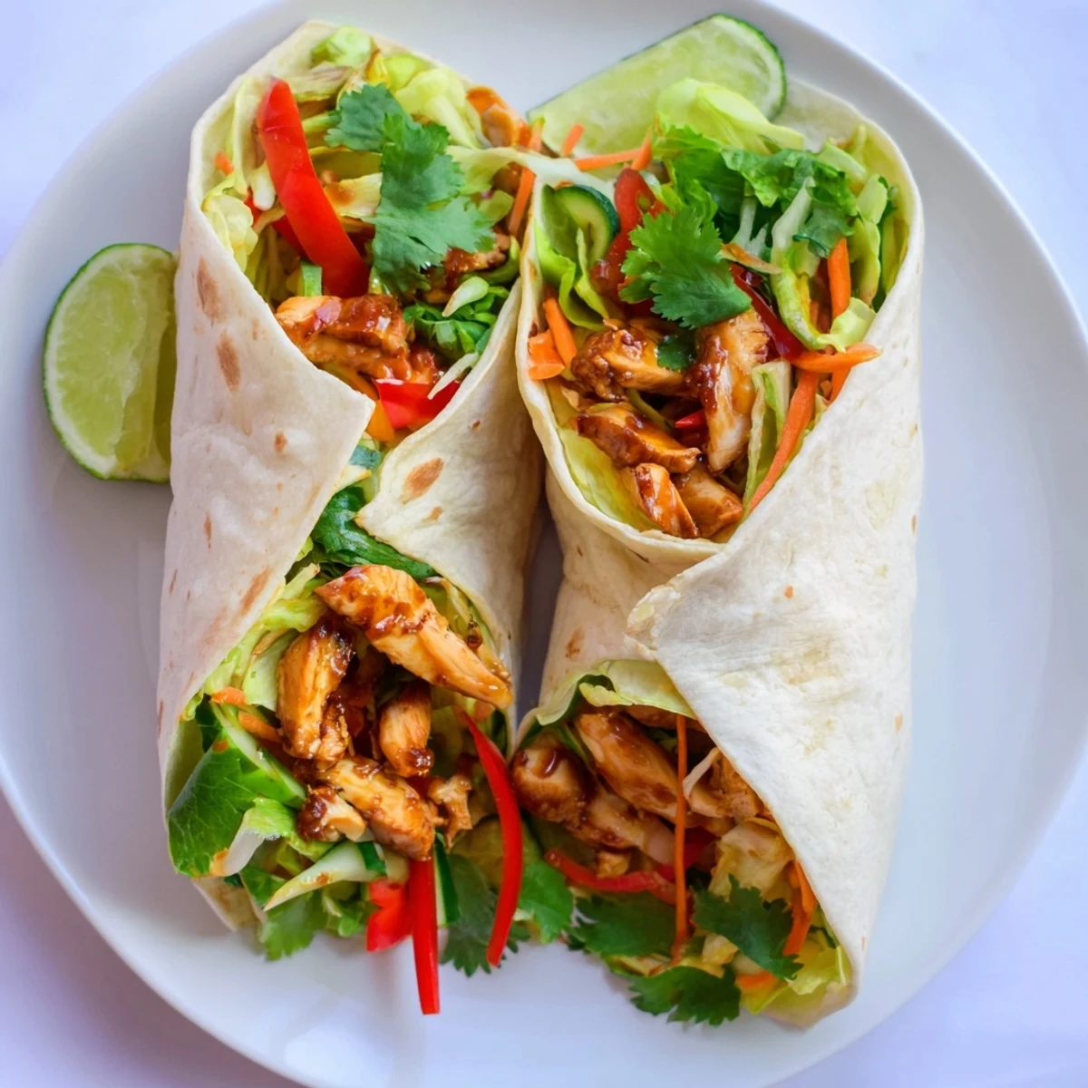 Homemade sweet chili chicken wraps featuring colorful julienned peppers, carrots, and fresh cilantro garnish