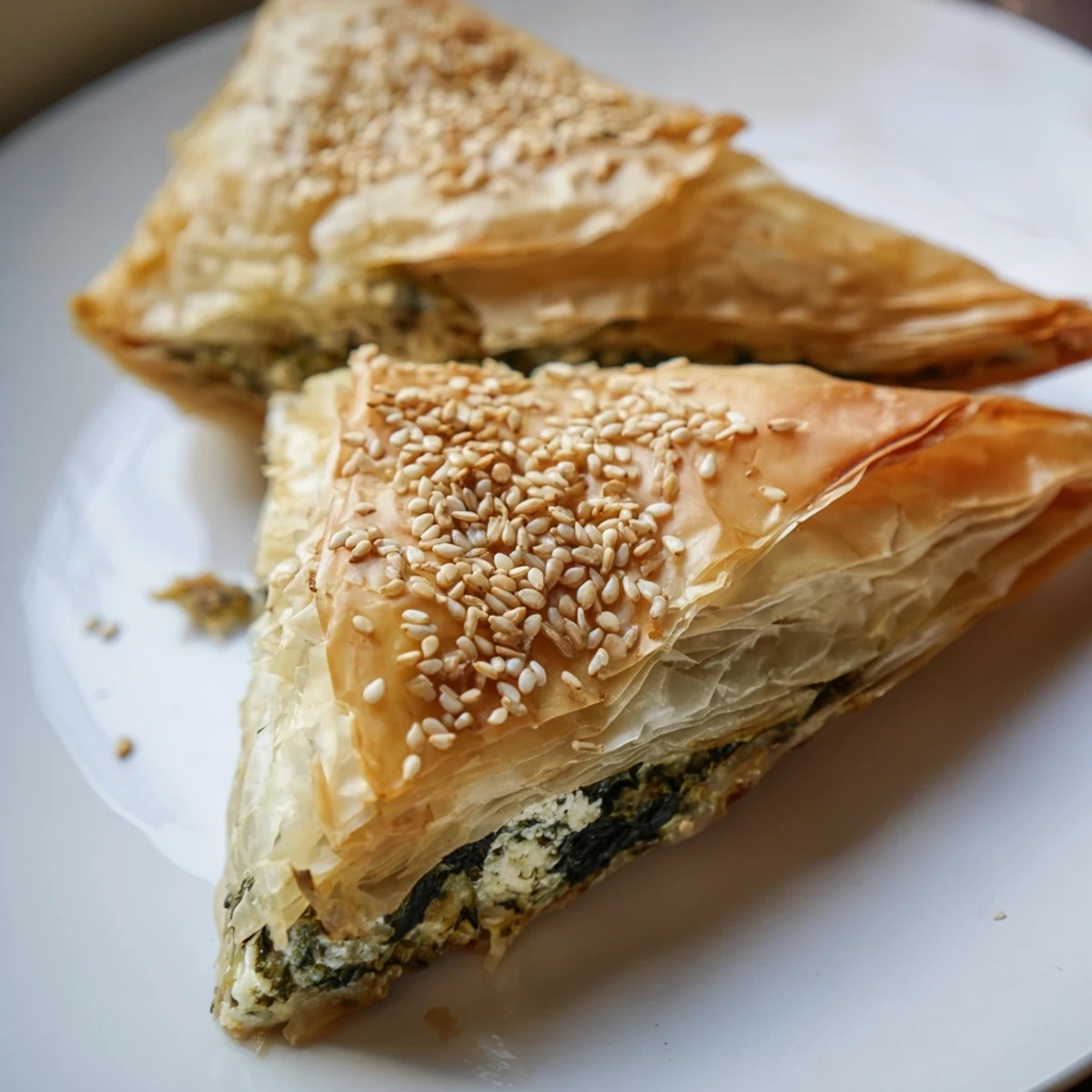 Golden Mediterranean spinach and feta crisps arranged on a serving platter with sesame seed topping