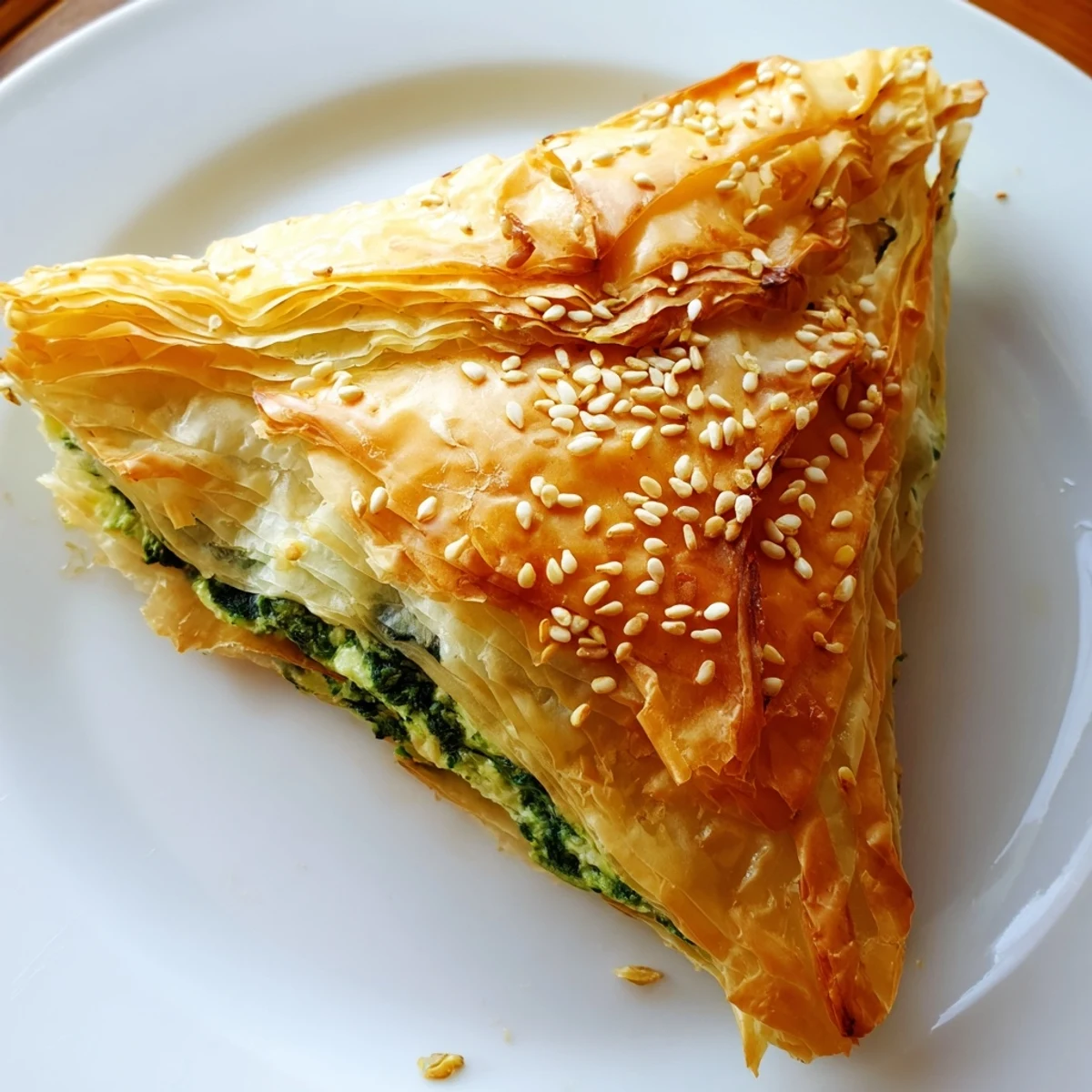 Flaky phyllo pastry parcels stuffed with Mediterranean spinach feta mixture, golden brown and warm from oven