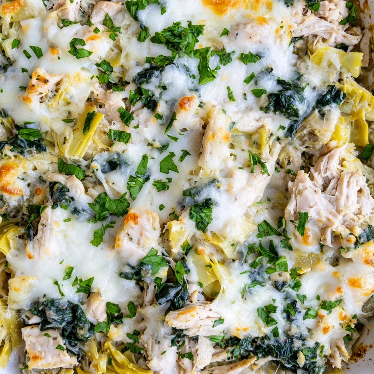 Golden bubbly high protein spinach and artichoke chicken casserole fresh from the oven with melted cheese topping