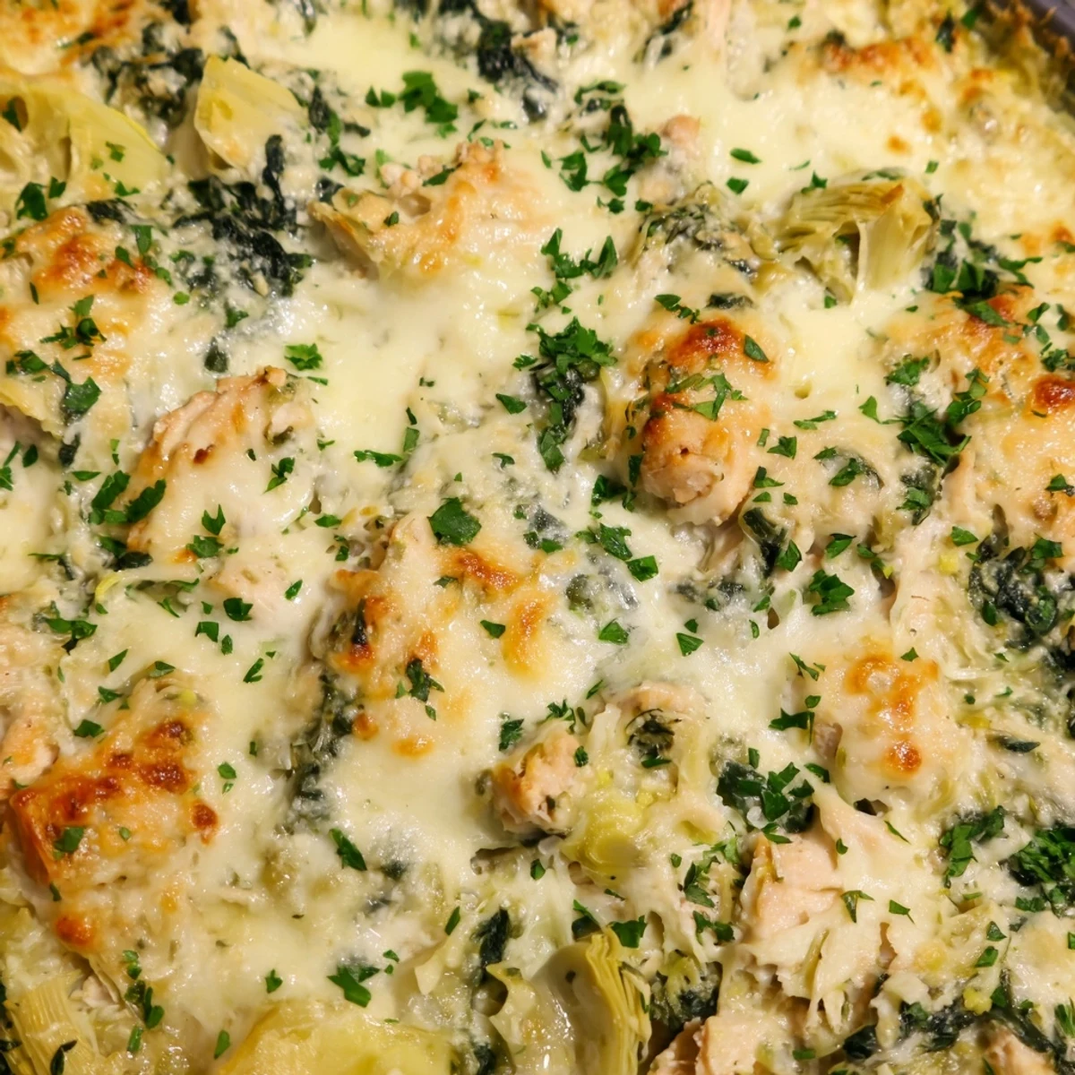 Creamy baked spinach and artichoke chicken casserole served piping hot with fresh parsley garnish on a white plate