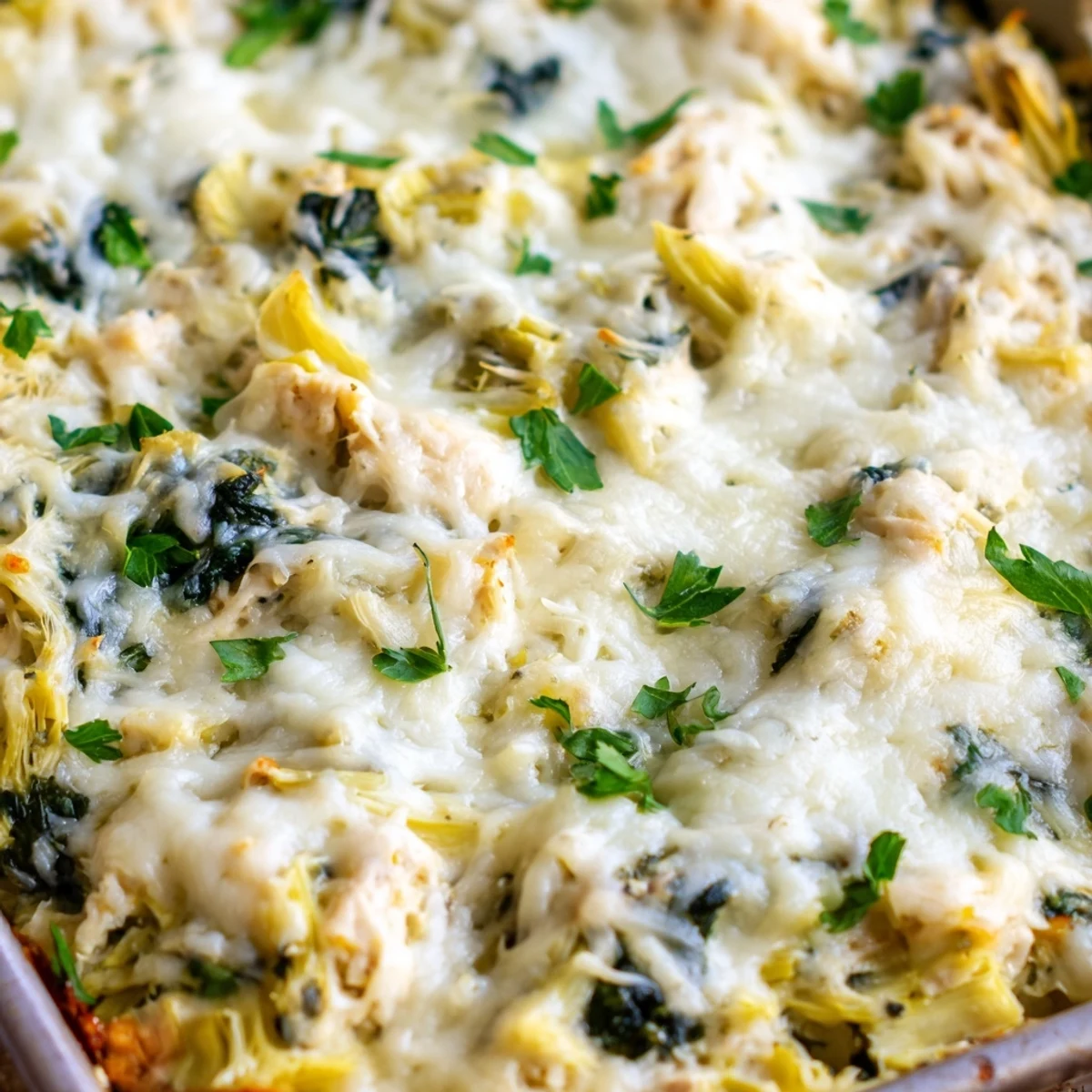 Scoop of cheesy spinach and artichoke chicken casserole showing tender chicken pieces and vibrant green vegetables throughout