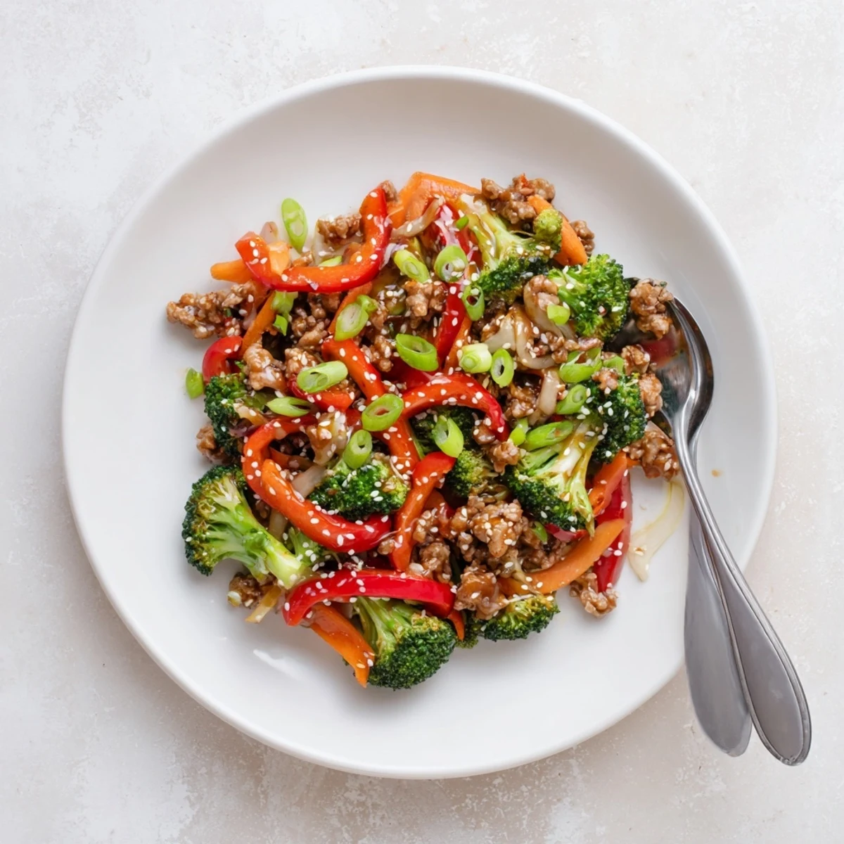 Healthy ground turkey stir fry featuring tender broccoli red pepper and aromatic ginger sauce