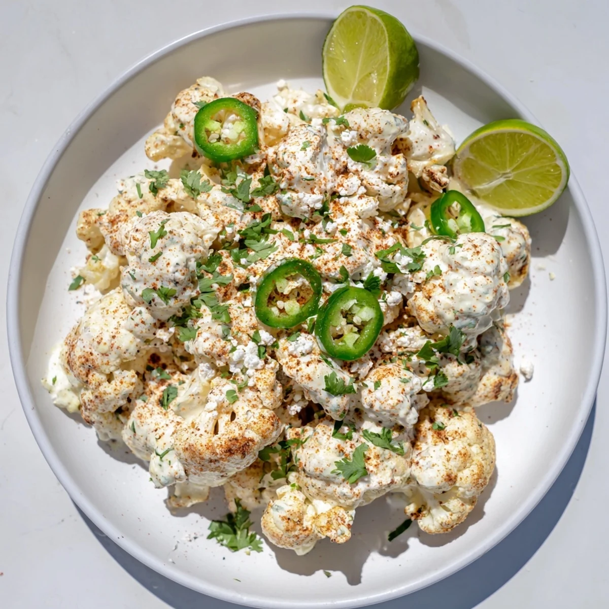 Golden roasted cauliflower elote coated in creamy tangy sauce with crumbled cotija cheese and fresh cilantro garnish