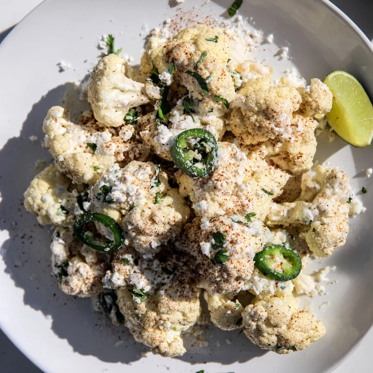 Cauliflower elote featuring crispy roasted florets topped with zesty mayonnaise lime sauce and crumbled white cheese