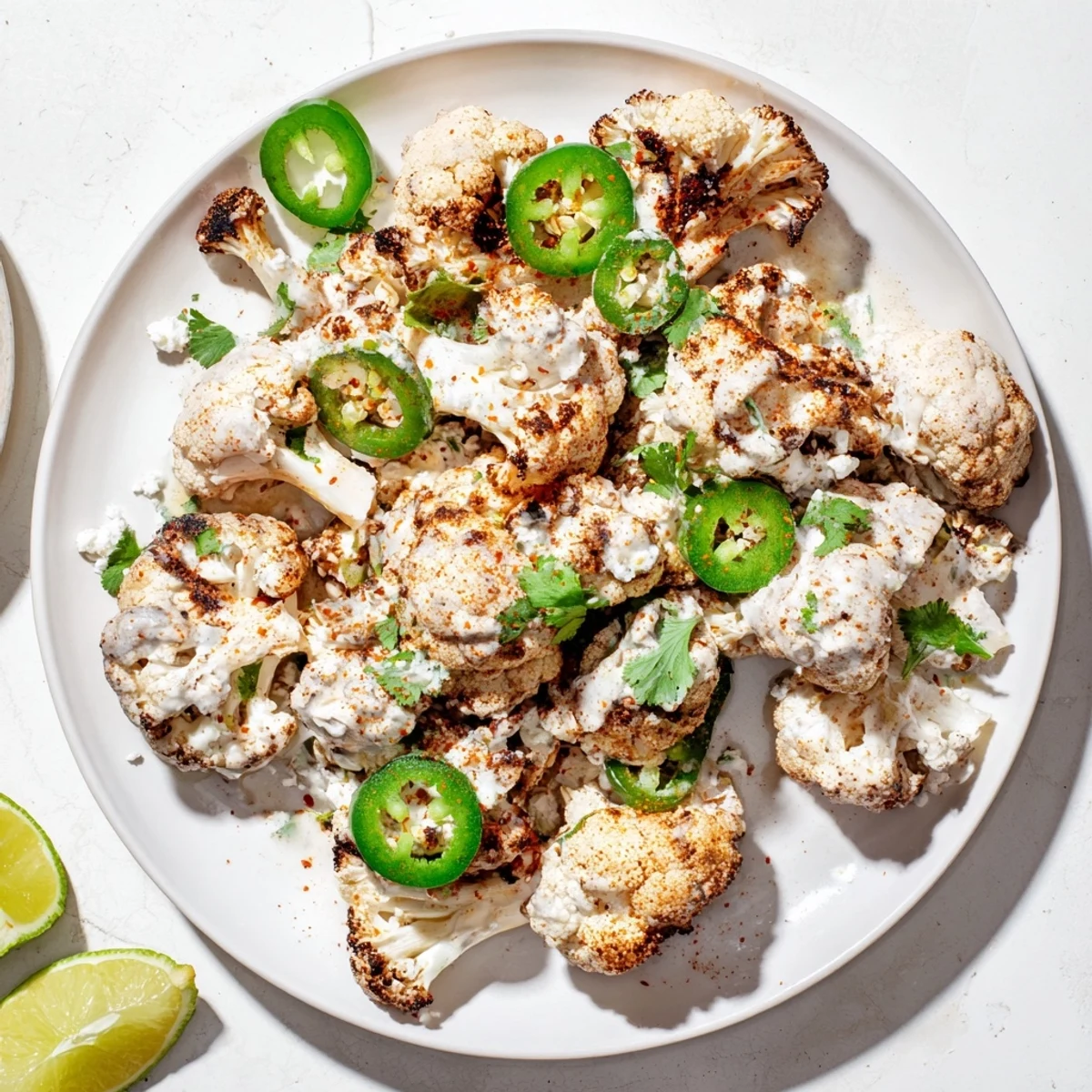 Mexican street corn style cauliflower elote sprinkled with chili powder and served with lime wedges on a platter