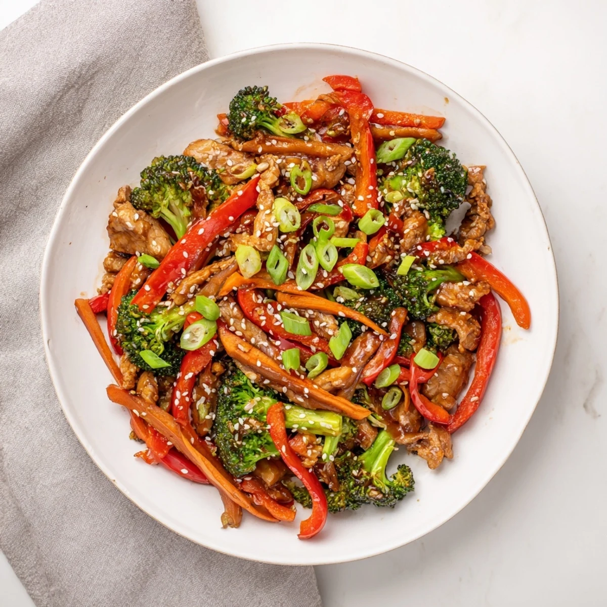 Vibrant ground turkey stir fry featuring crisp broccoli and colorful vegetables in glossy sauce