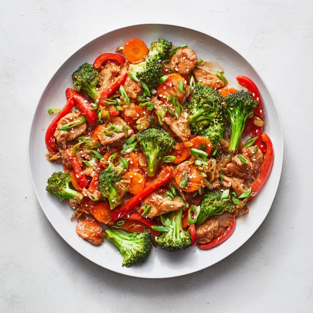 Healthy ground turkey stir fry with broccoli tossed in rich Asian-style sauce and sesame seeds