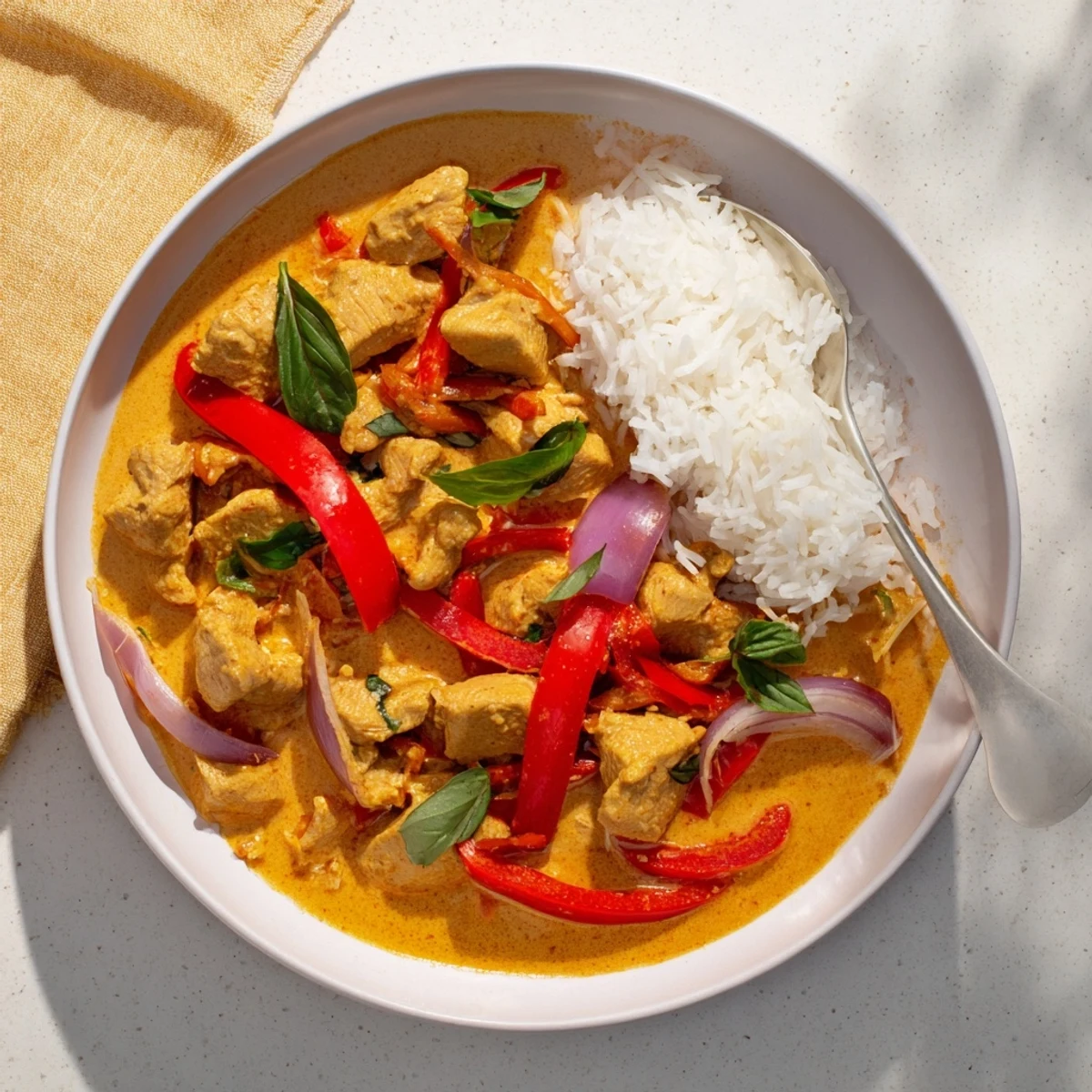 Golden chicken pieces swimming in creamy coconut curry sauce topped with fresh green basil