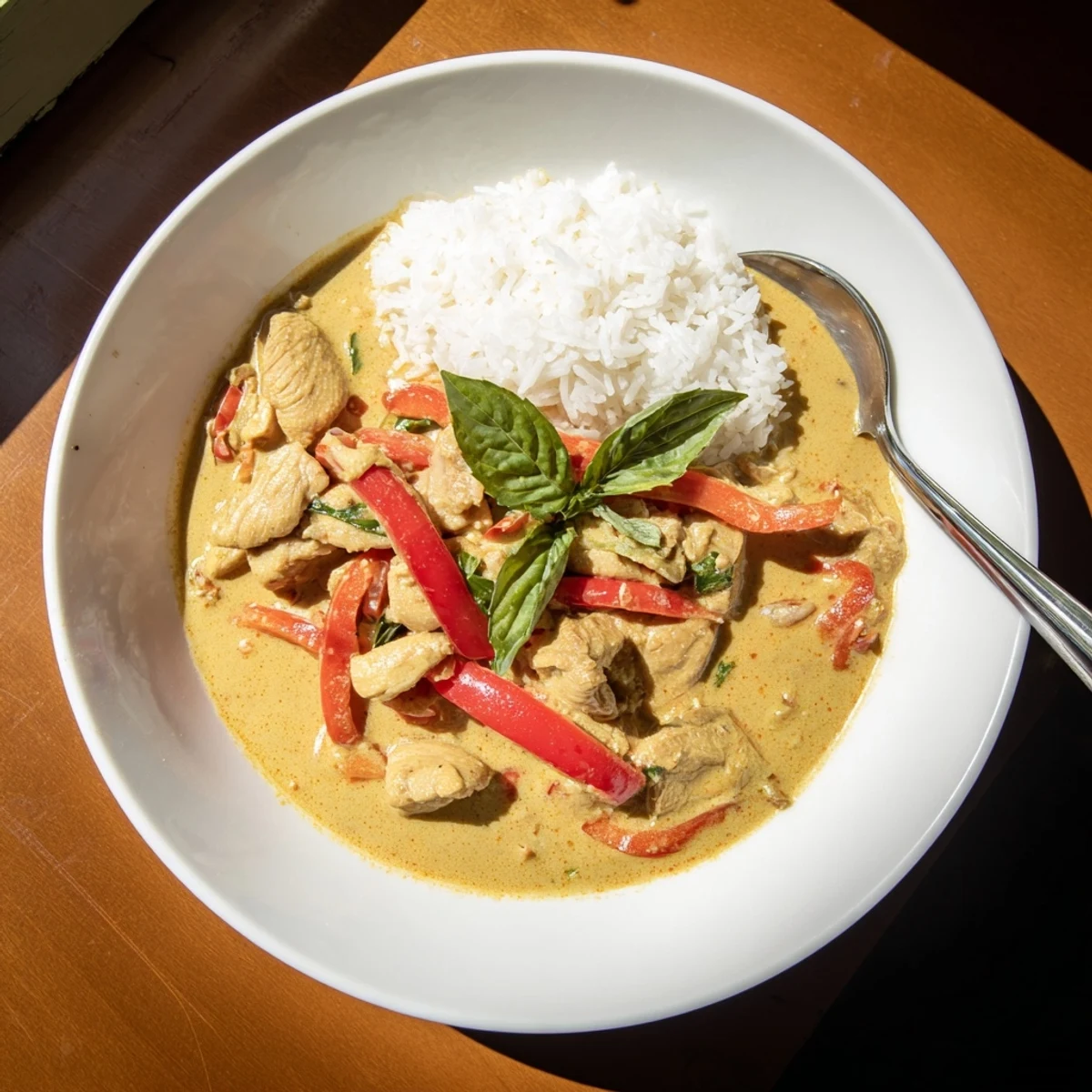 Steaming bowl of Thai-inspired basil chicken curry served over fluffy white jasmine rice