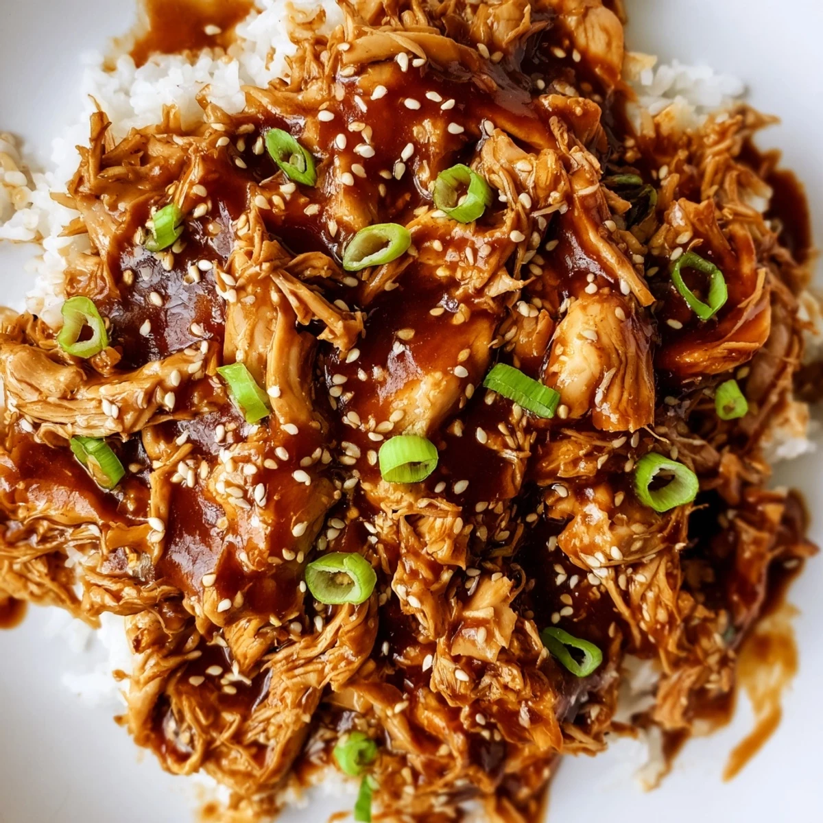 Slow cooker Mongolian chicken featuring tender shredded thighs coated in a glossy brown sugar and garlic glaze