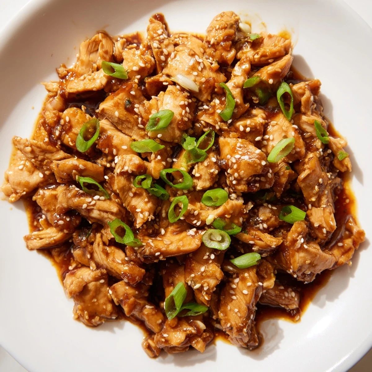 Mongolian chicken slow cooked to perfection in a rich savory sauce with green onions and sesame seeds