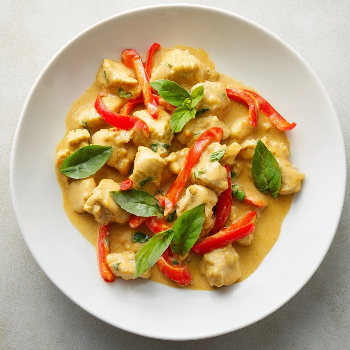 Creamy basil chicken with coconut curry sauce served over fluffy white jasmine rice