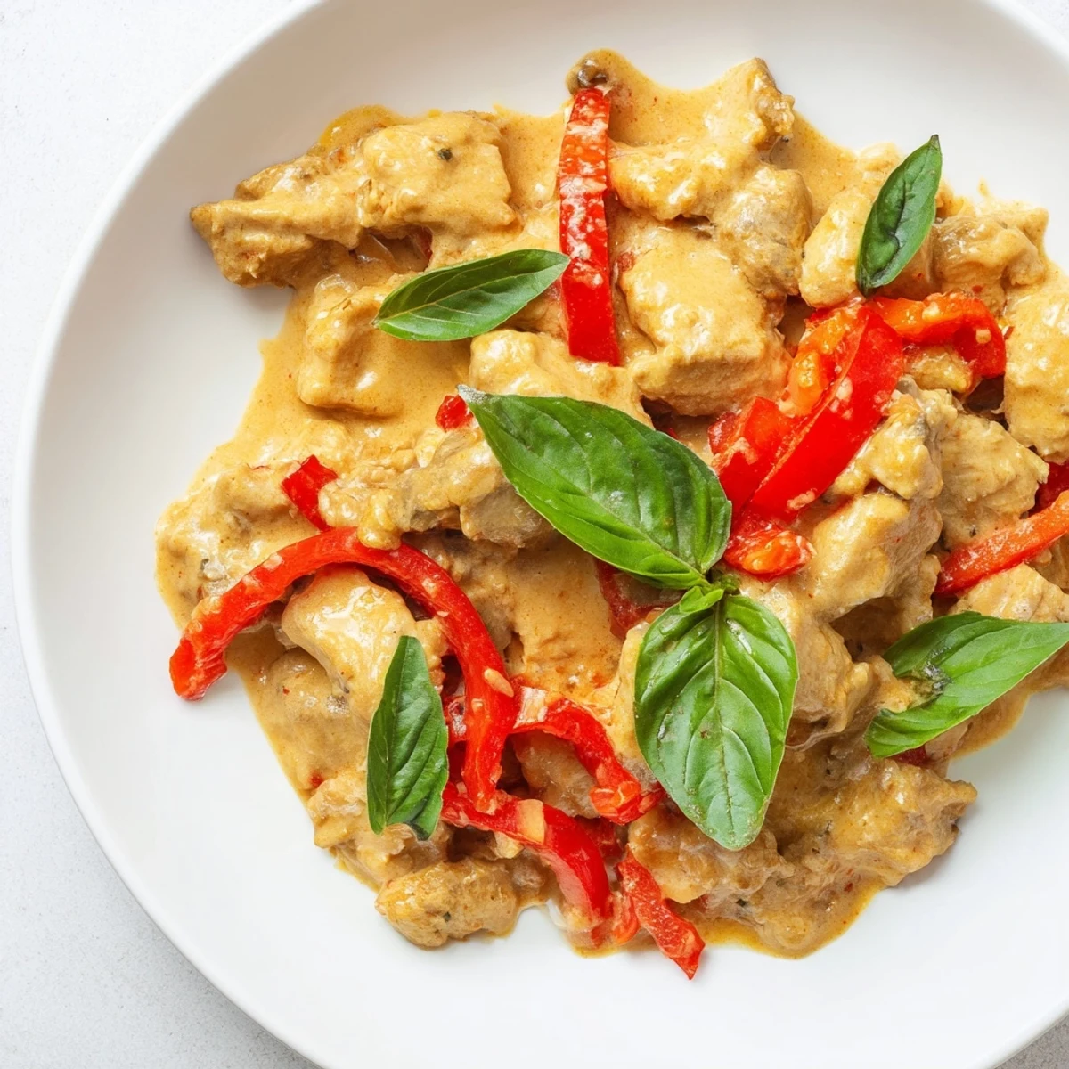 Thai-inspired basil chicken in rich coconut curry sauce garnished with fresh green basil leaves
