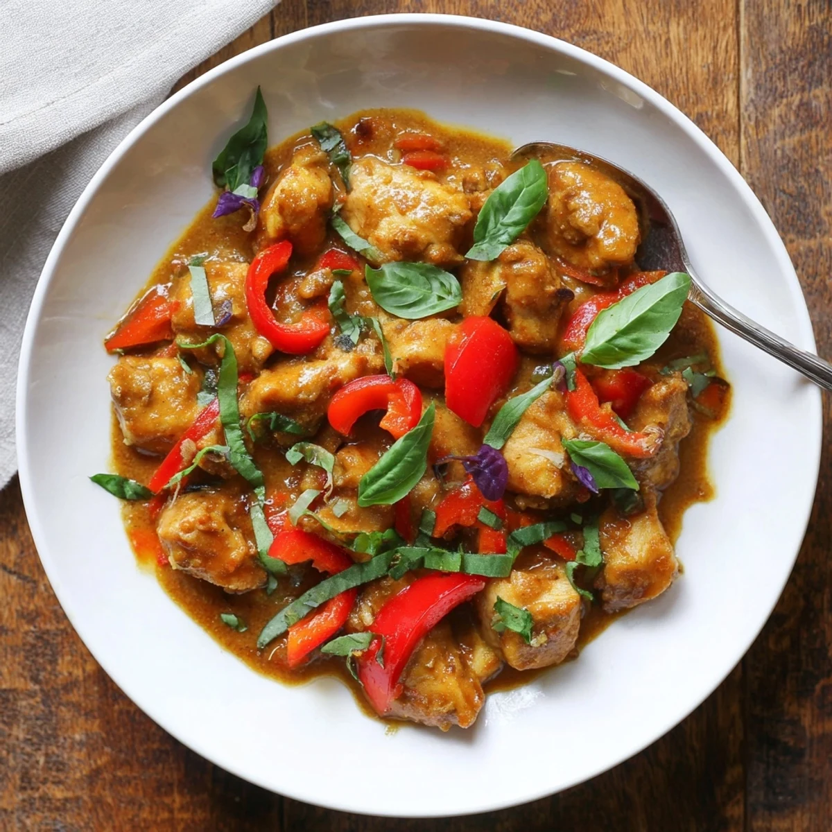 Golden basil chicken pieces swimming in rich, creamy coconut curry sauce with colorful bell peppers