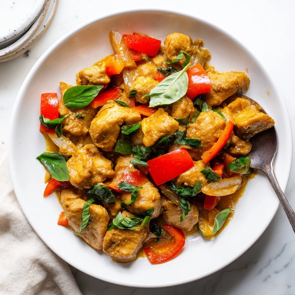 Tender chicken thighs simmered in aromatic Thai coconut curry sauce garnished with fresh green basil leaves