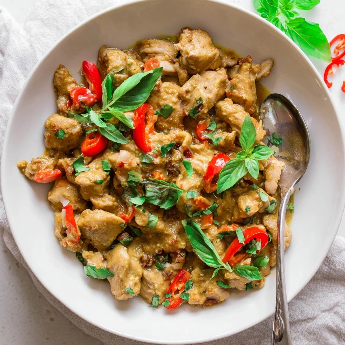 Savory basil chicken curry served in white bowl with vibrant red and green pepper slices