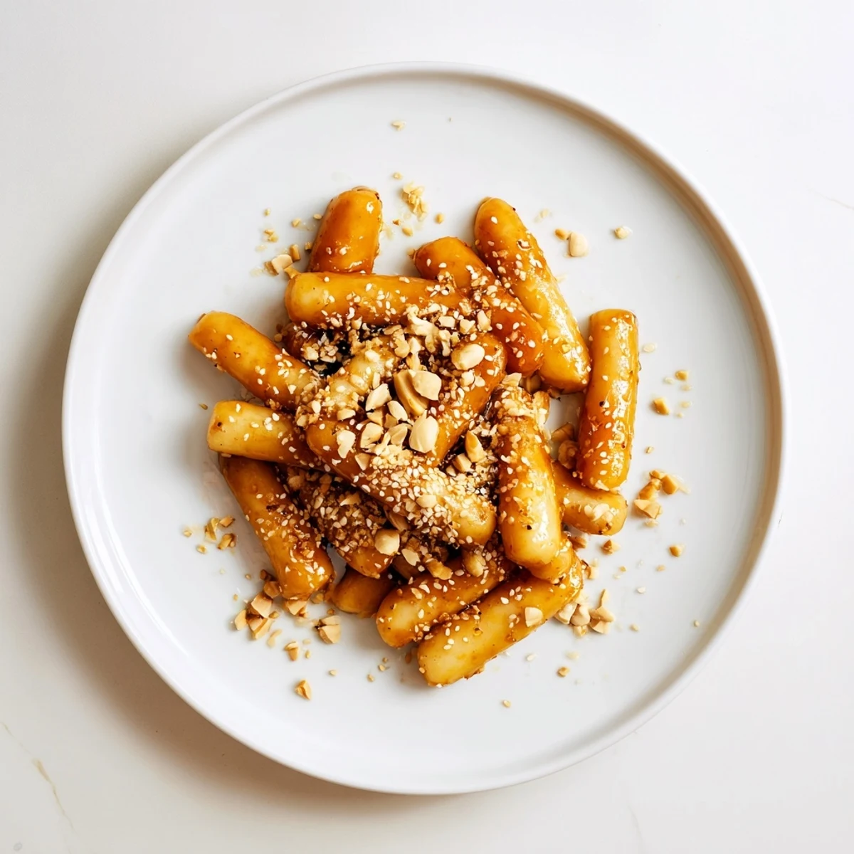 Golden Korean pan fried rice cakes coated in a glossy sweet butter glaze with sesame seeds