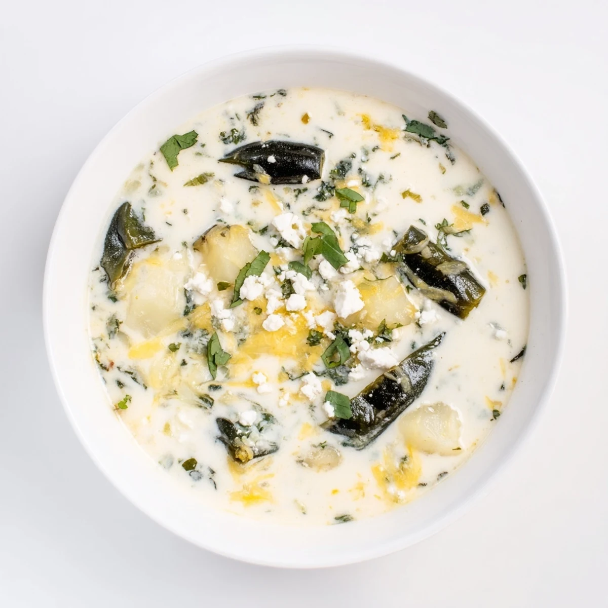 Creamy chile relleno soup topped with fresh cilantro and crumbled queso fresco in a white bowl