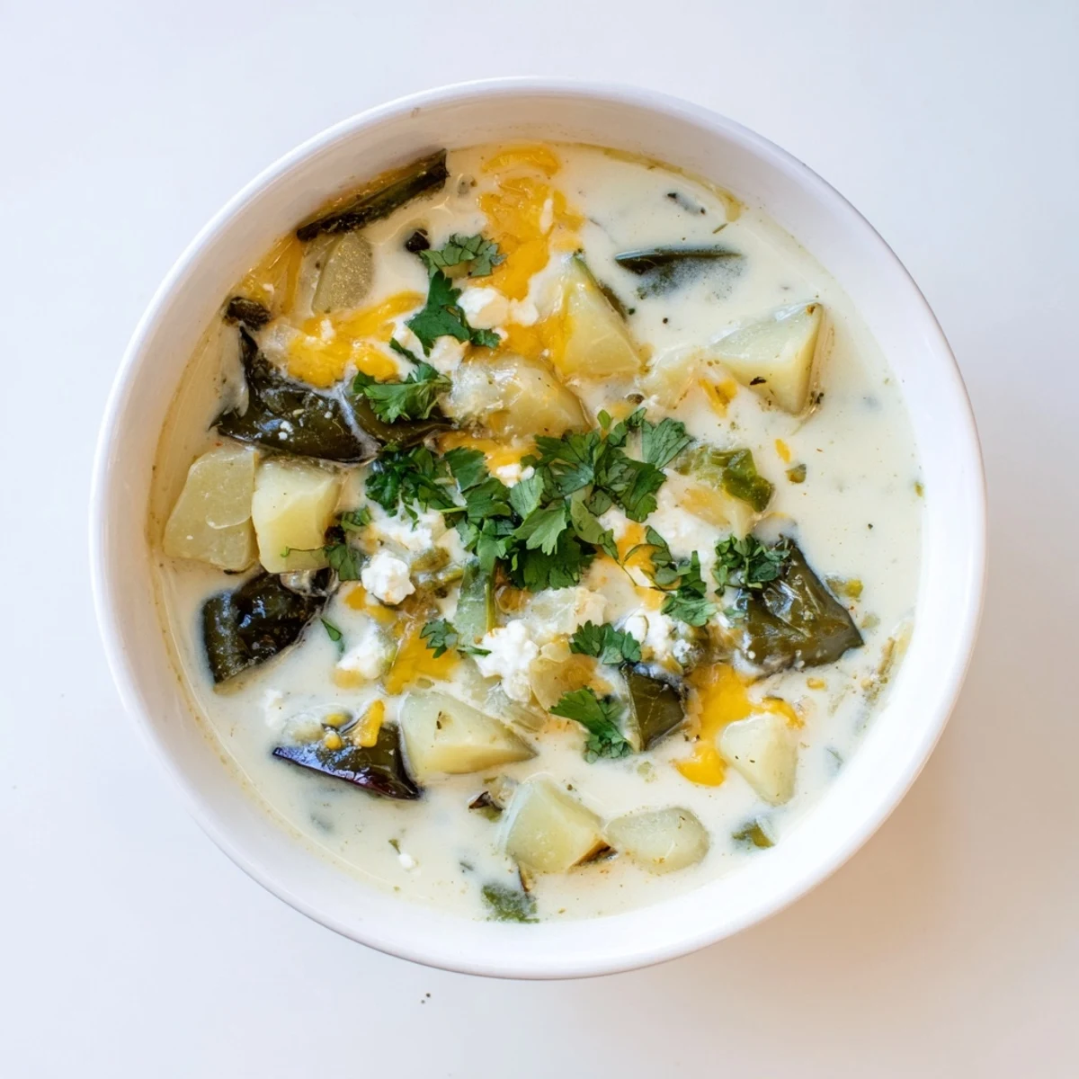 Rich and spicy chile relleno soup garnished with chopped cilantro and served with crusty bread