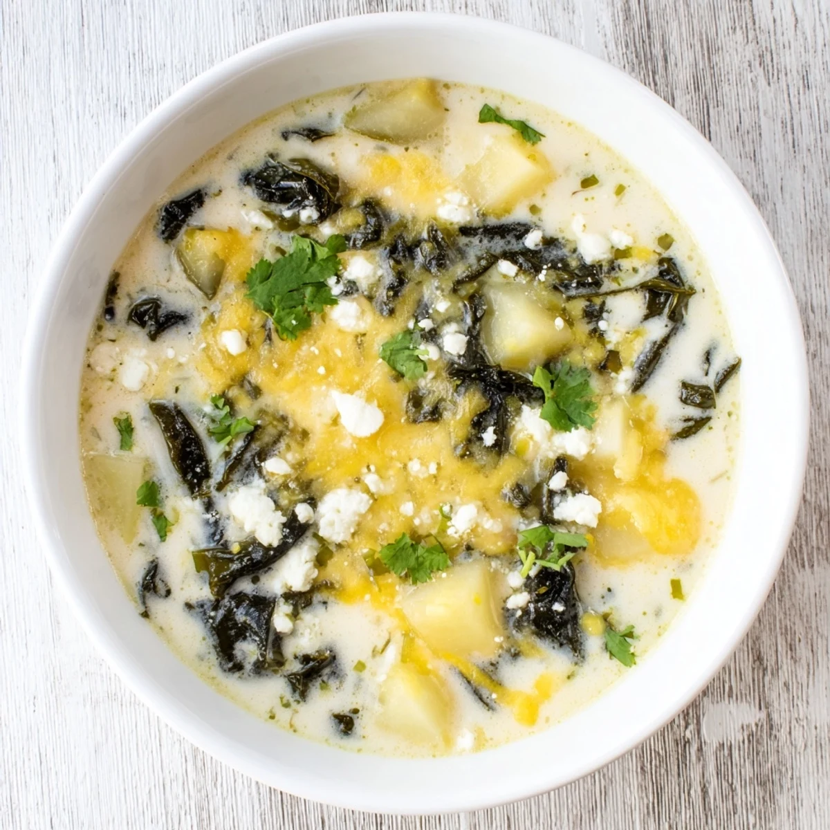Steamy bowl of chile relleno soup with roasted poblano peppers, melted cheese, and crispy tortilla strips