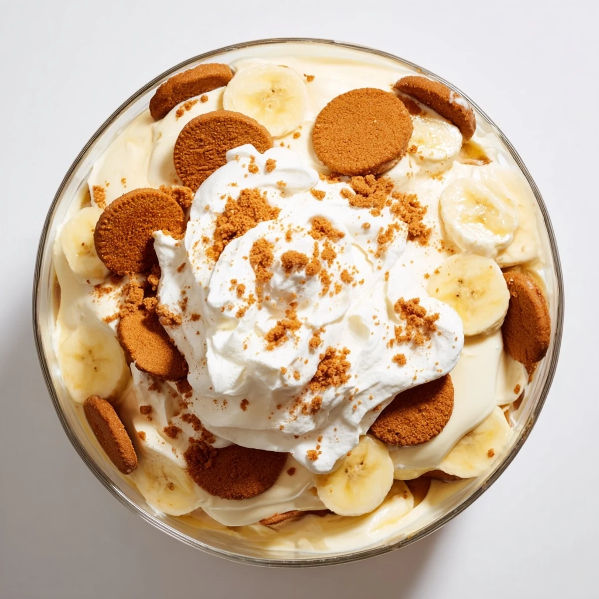 Glass trifle dish revealing layered Biscoff banana pudding with fresh banana slices, whipped cream topping, and crushed caramel spice cookie garnish