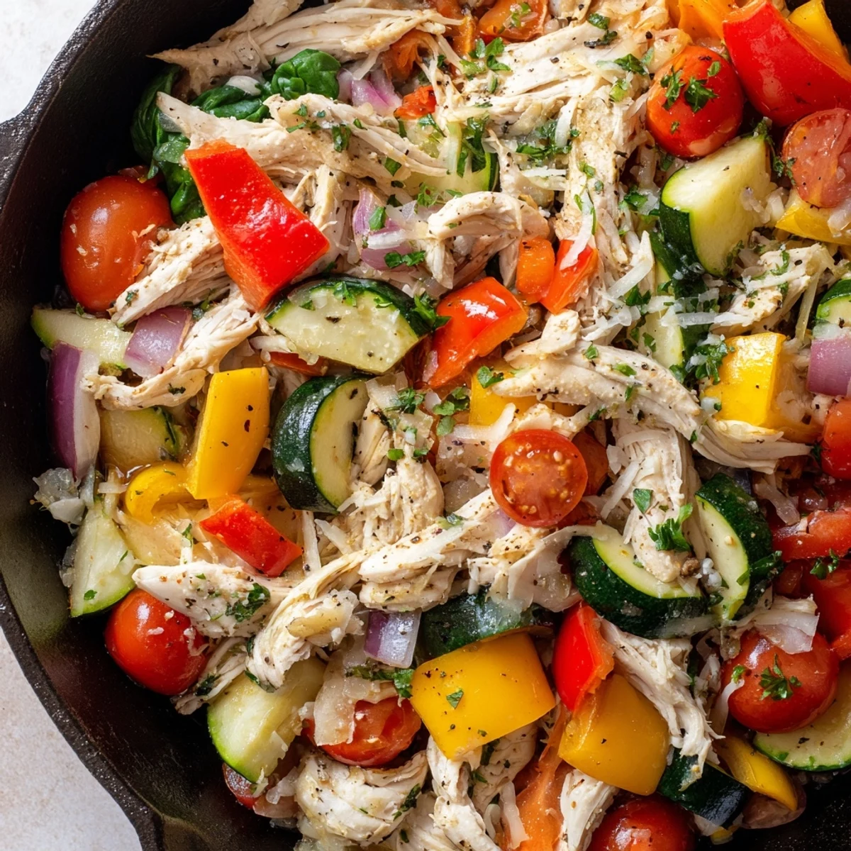 Golden rotisserie chicken and vegetable skillet with colorful bell peppers, zucchini, and fresh spinach simmering in olive oil
