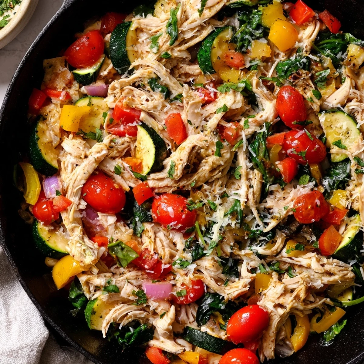 One-pan rotisserie chicken and vegetable skillet featuring juicy shredded chicken, diced red onions, and halved cherry tomatoes