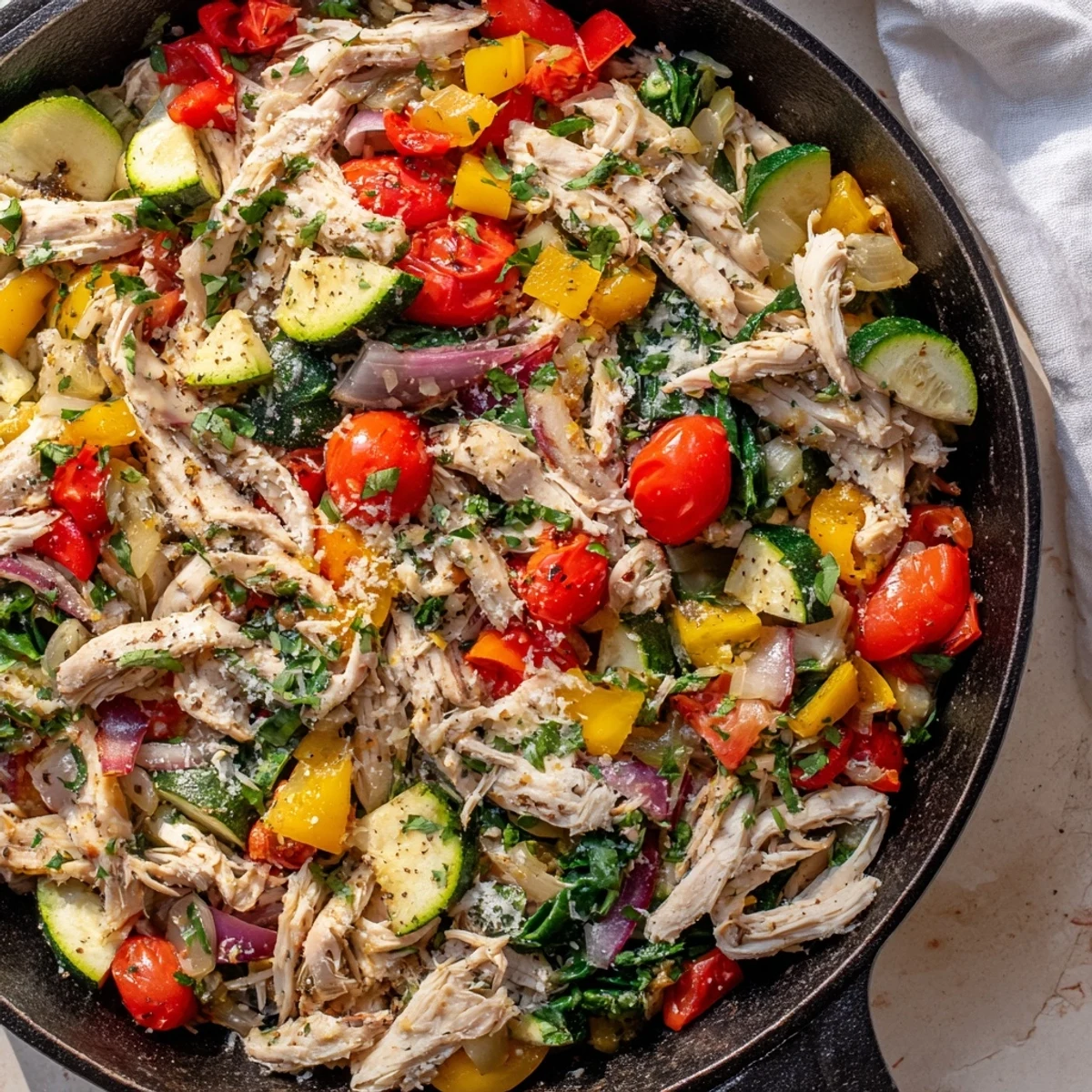 Sizzling rotisserie chicken and vegetable skillet crowded with tender zucchini, sweet peppers, and wilted spinach under Italian herbs