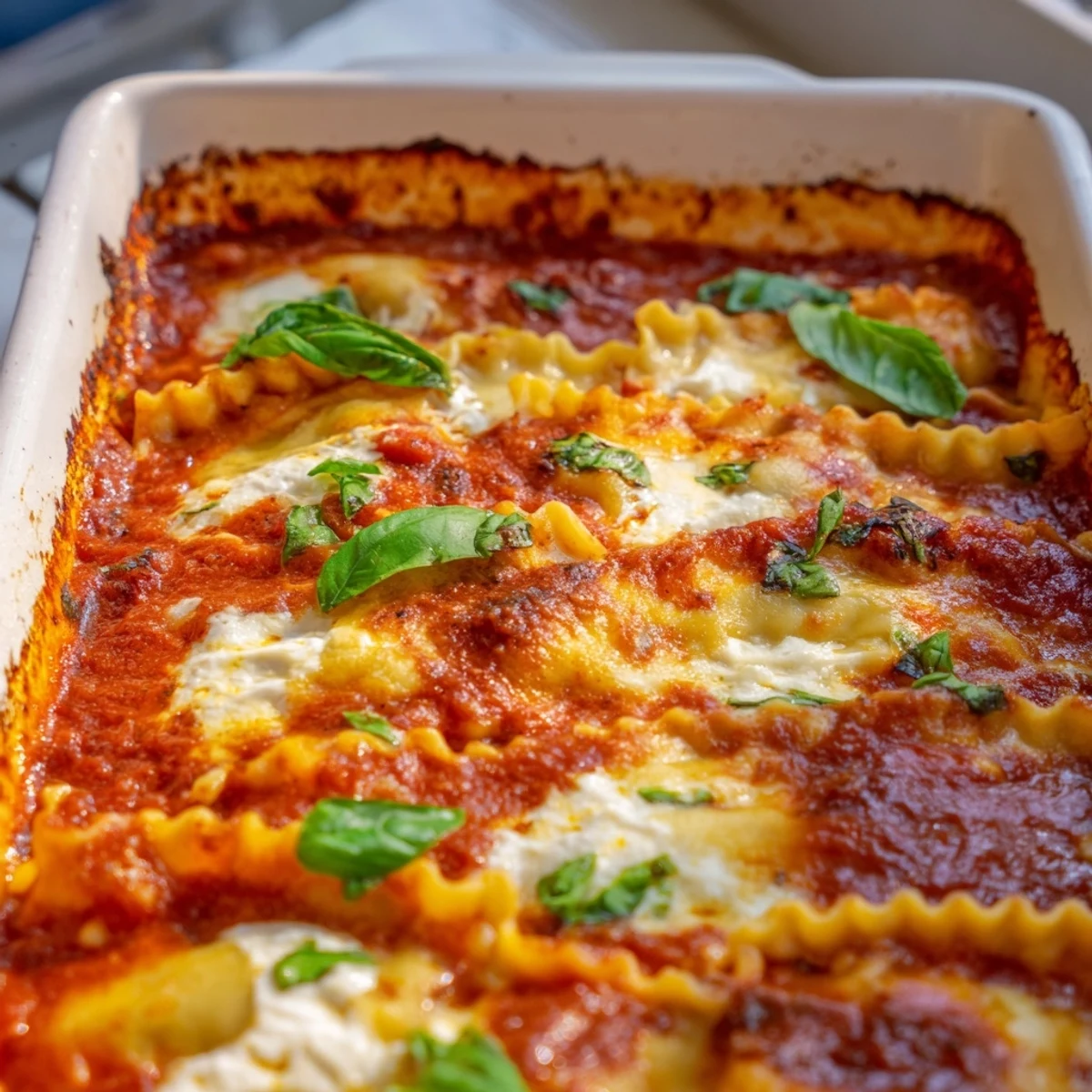 Golden melted cheese blankets layers of juicy dumpling lasagna with vibrant red tomato sauce bubbling around the edges