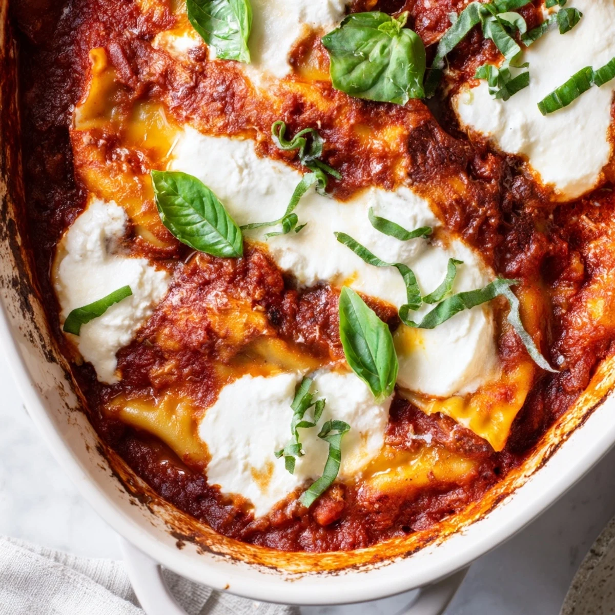 Sliced square reveals steaming dumpling layers topped with fresh basil and parmesan on this comforting fusion lasagna bake