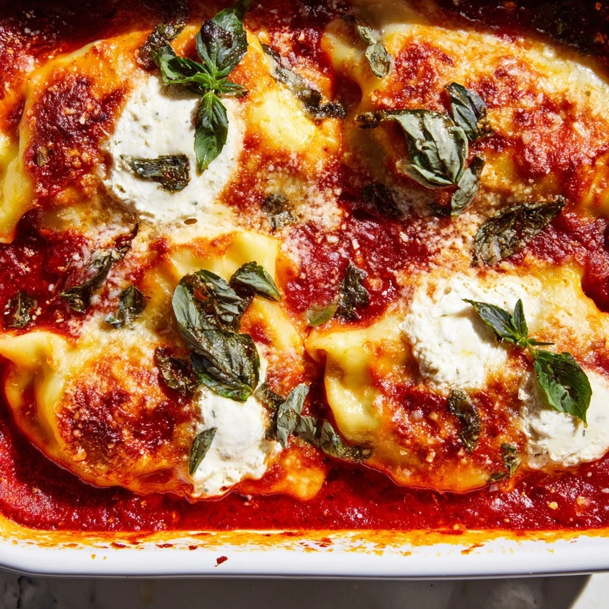 Hearty baking dish showcases stacked dumplings with ricotta and mozzarella creating a fusion Italian East Asian casserole