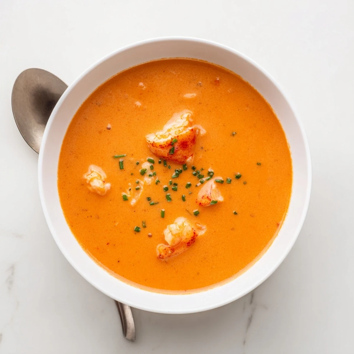 Creamy lobster bisque in a white bowl garnished with fresh chives and tender lobster chunks