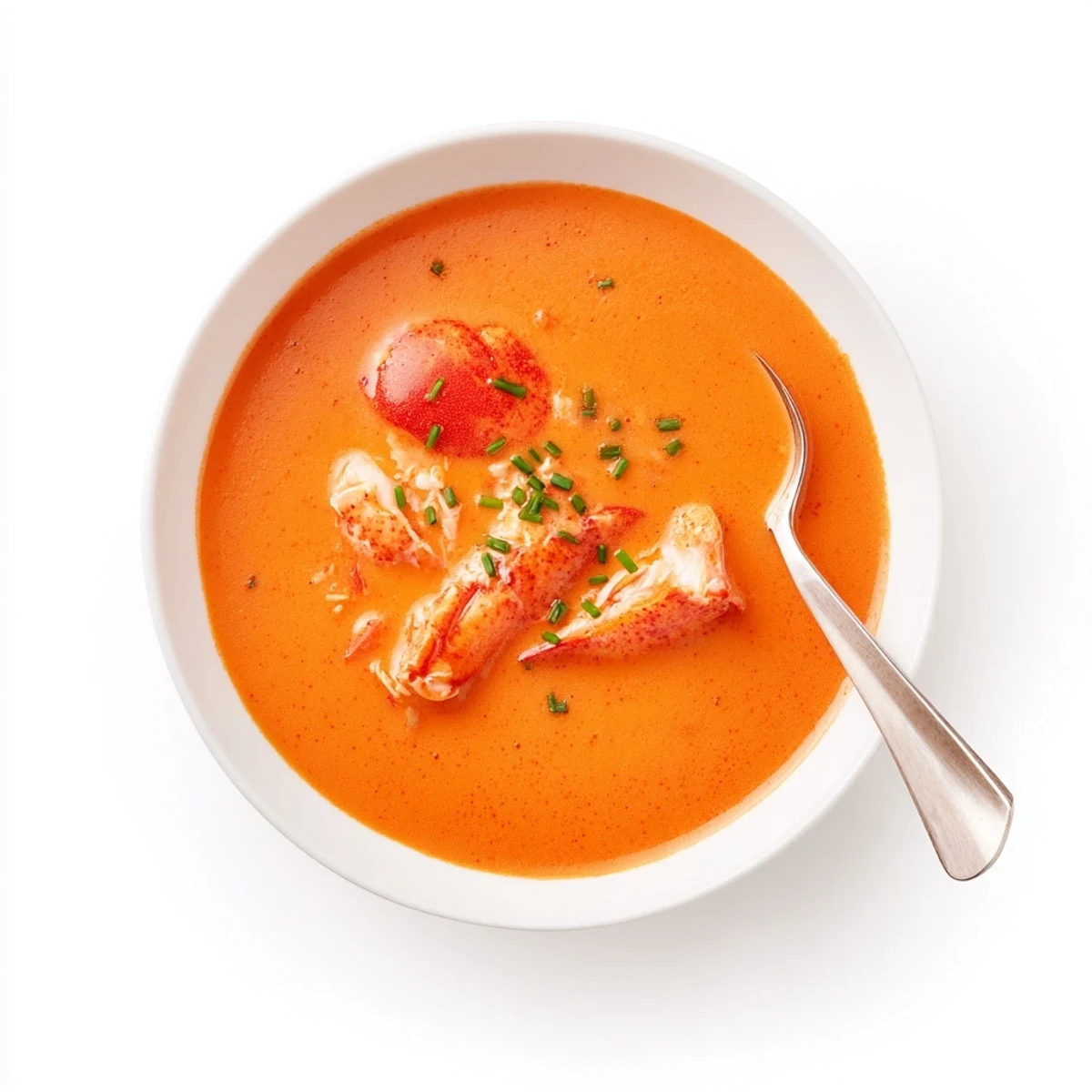 Golden restaurant-style lobster bisque swirl with heavy cream and succulent lobster meat in a soup spoon