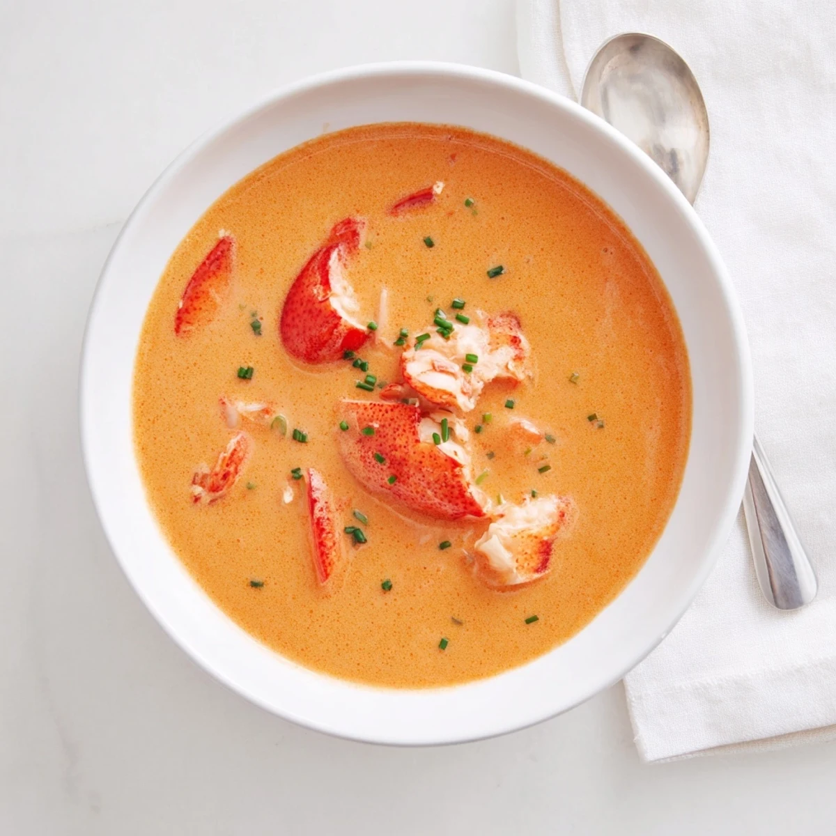Silky smooth lobster bisque served in an elegant bowl with chopped chives and white wine reduction